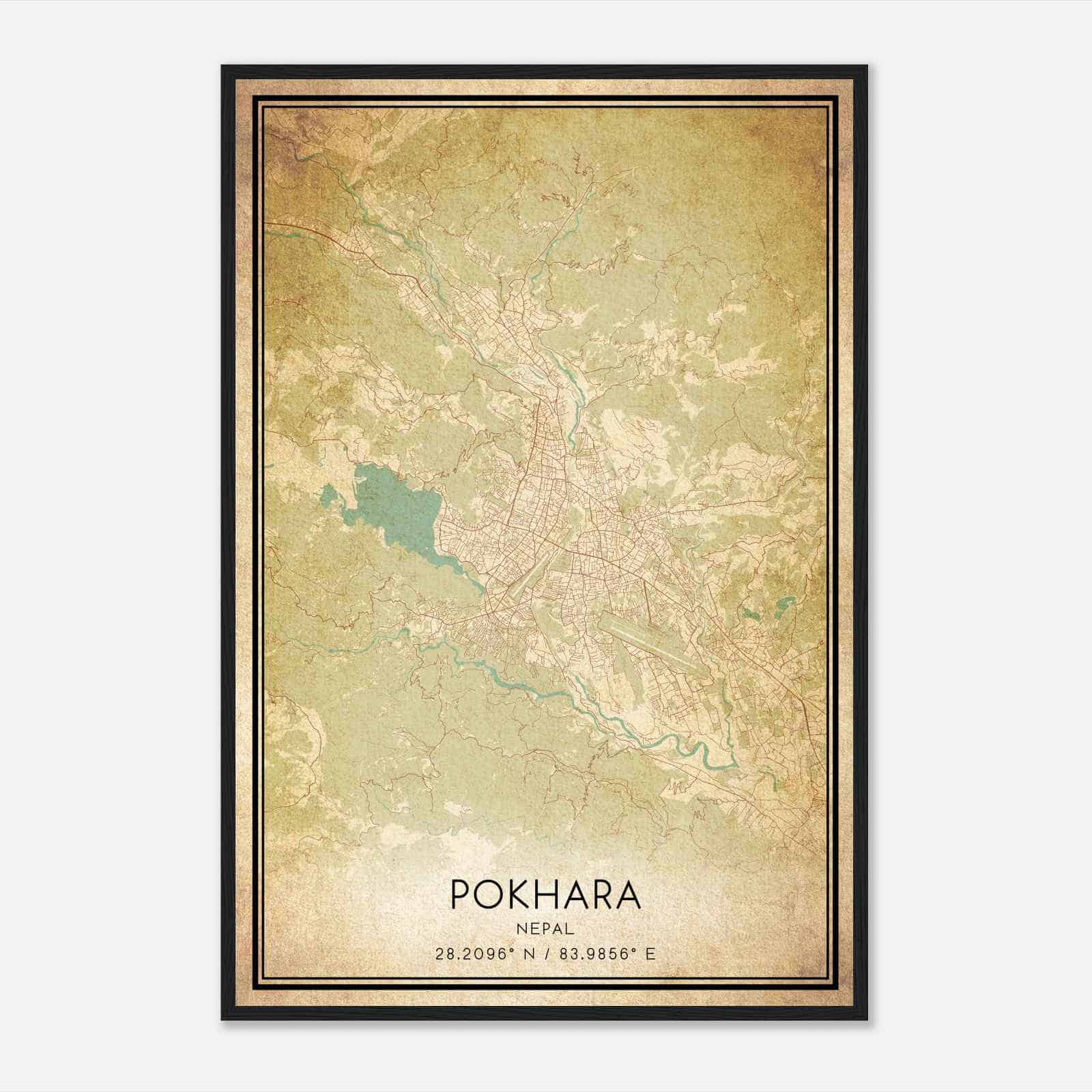 Vintage Pokhara Nepal Map Poster, Pokhara City Road Wall Art Print