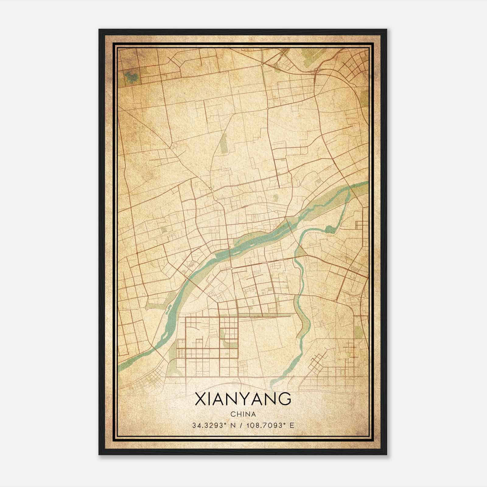 Vintage Xianyang China Map Poster, Xianyang City Road Wall Art Print