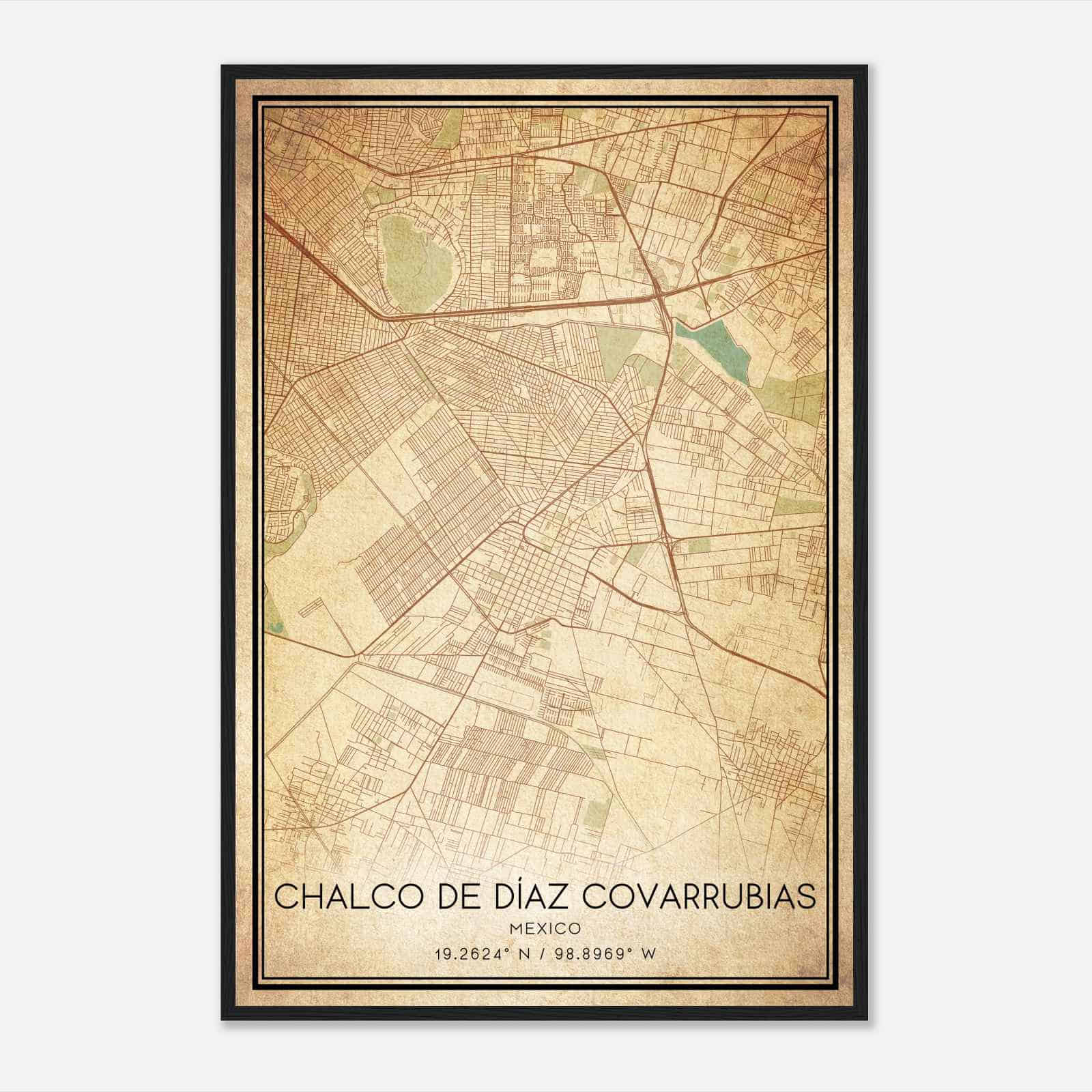 Vintage Chalco de Diaz Covarrubias Mexico Map Poster, Chalco de Diaz Covarrubias City Road Wall Art Print