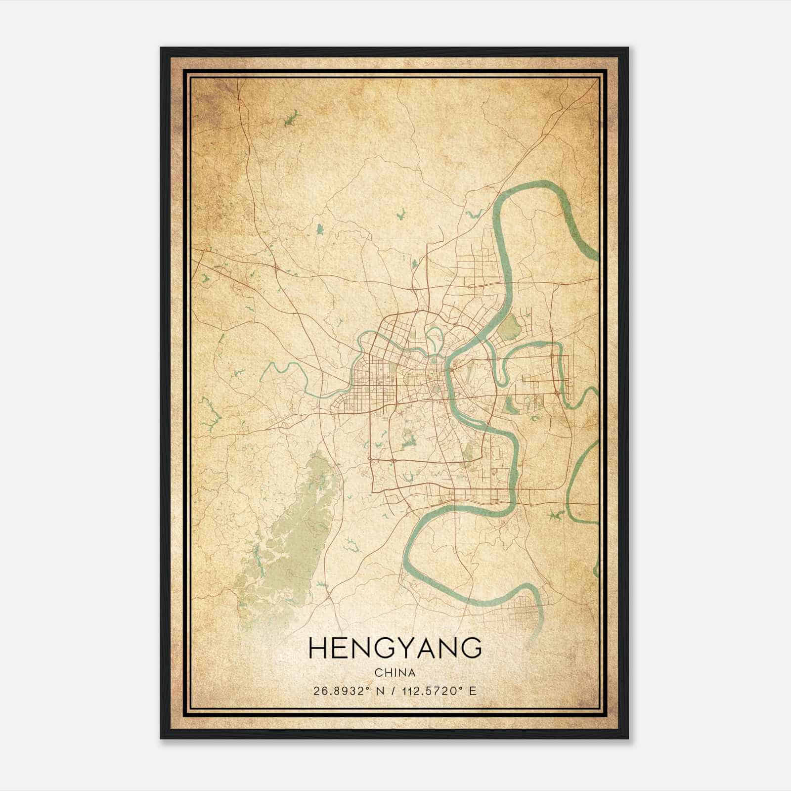 Vintage Hengyang China Map Poster, Hengyang City Road Wall Art Print