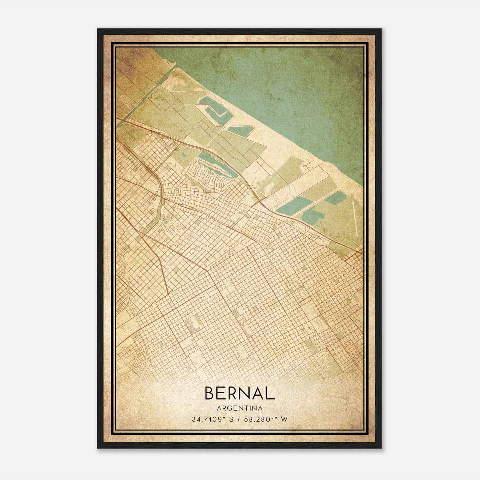 Vintage Bernal Argentina Map Poster, Bernal City Road Wall Art Print