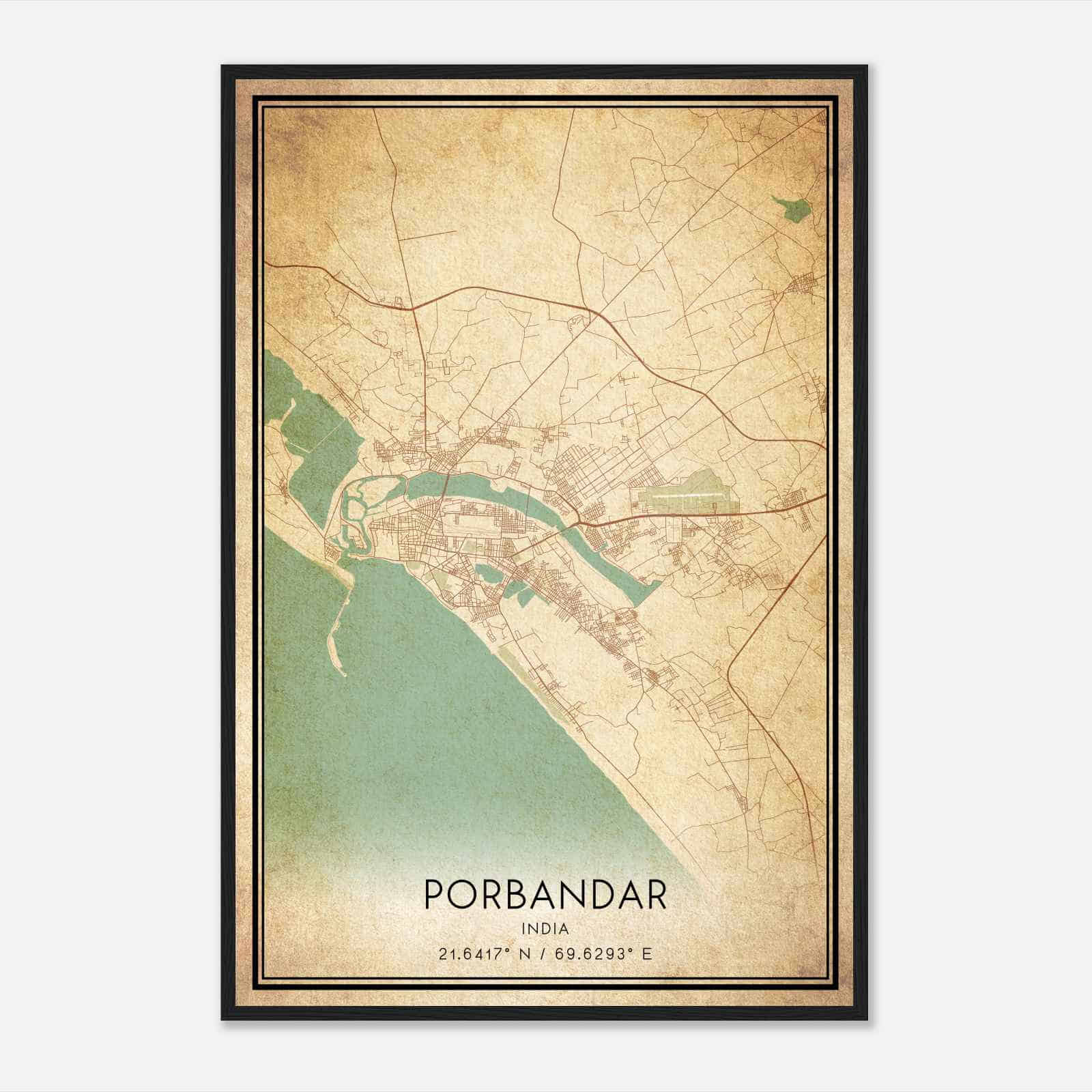 Vintage Porbandar India Map Poster, Porbandar City Road Wall Art Print
