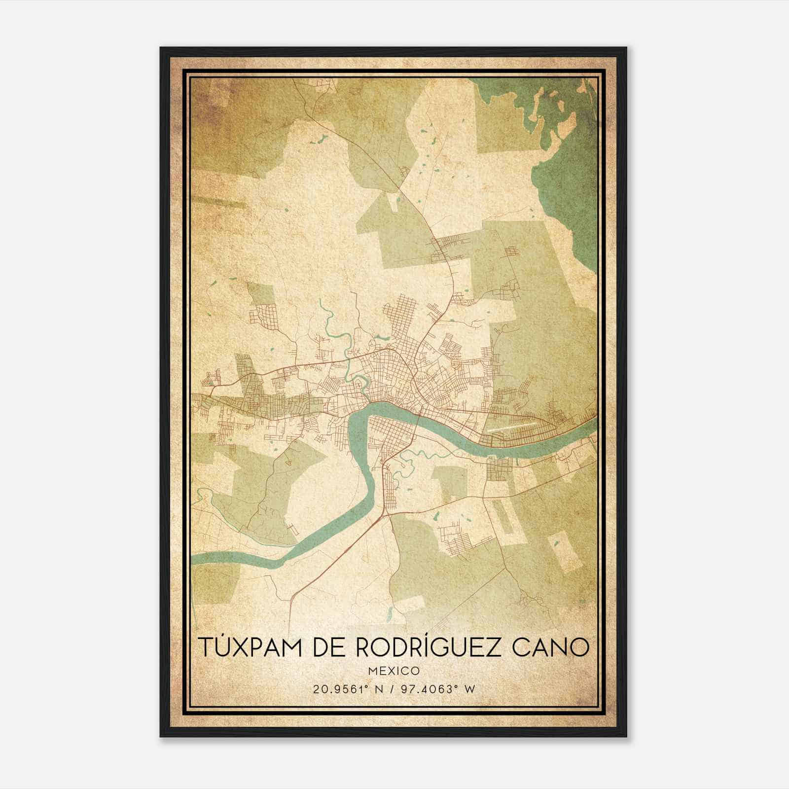 Vintage Tuxpam de Rodriguez Cano Mexico Map Poster, Tuxpam de Rodriguez Cano City Road Wall Art Print