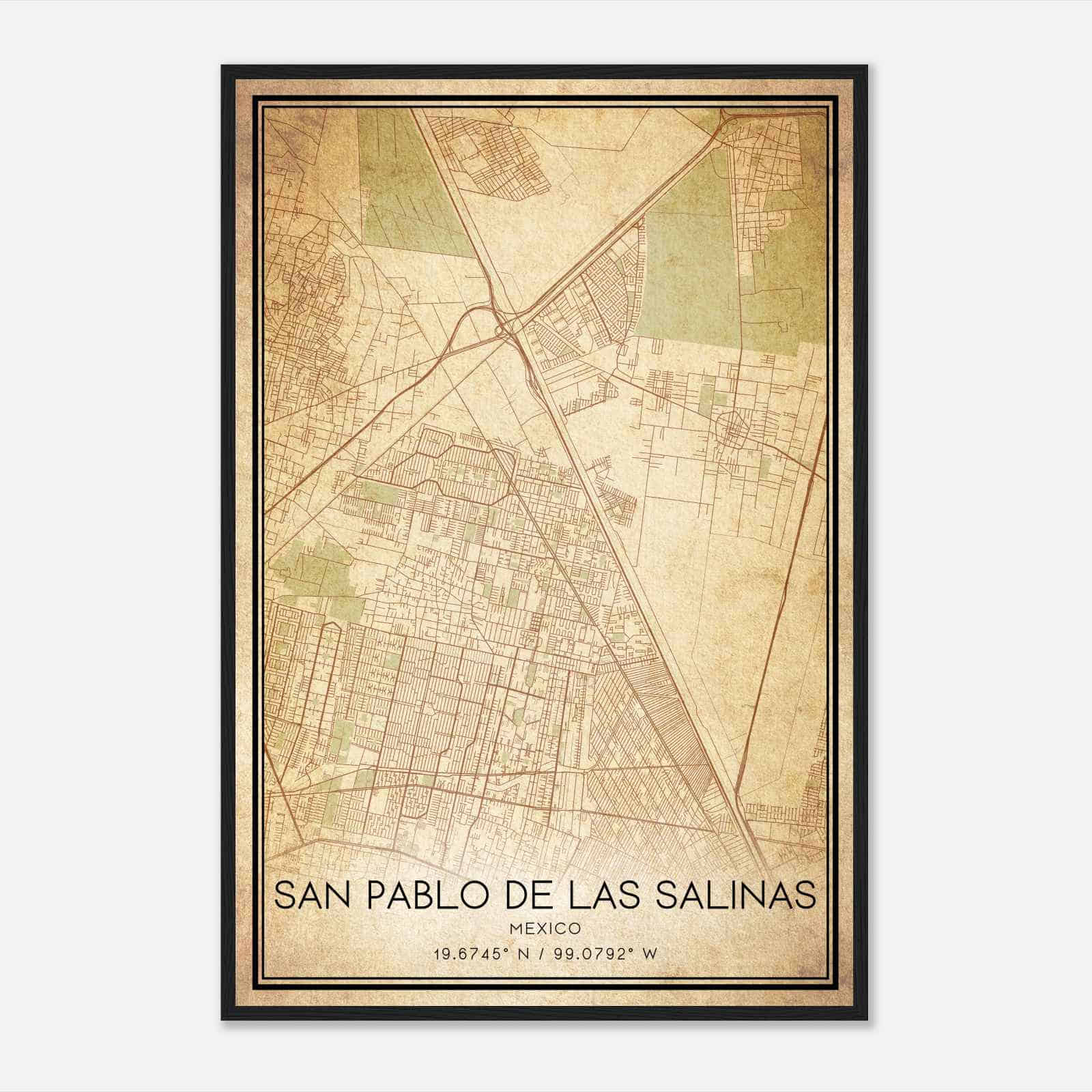Vintage San Pablo de las Salinas Mexico Map Poster, San Pablo de las Salinas City Road Wall Art Print