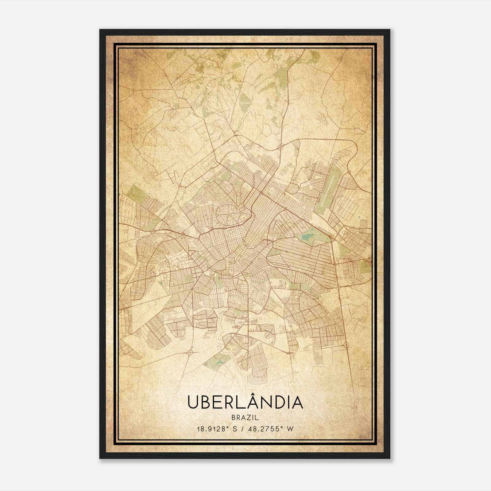 Vintage Uberlandia Brazil Map Poster, Uberlandia City Road Wall Art Print