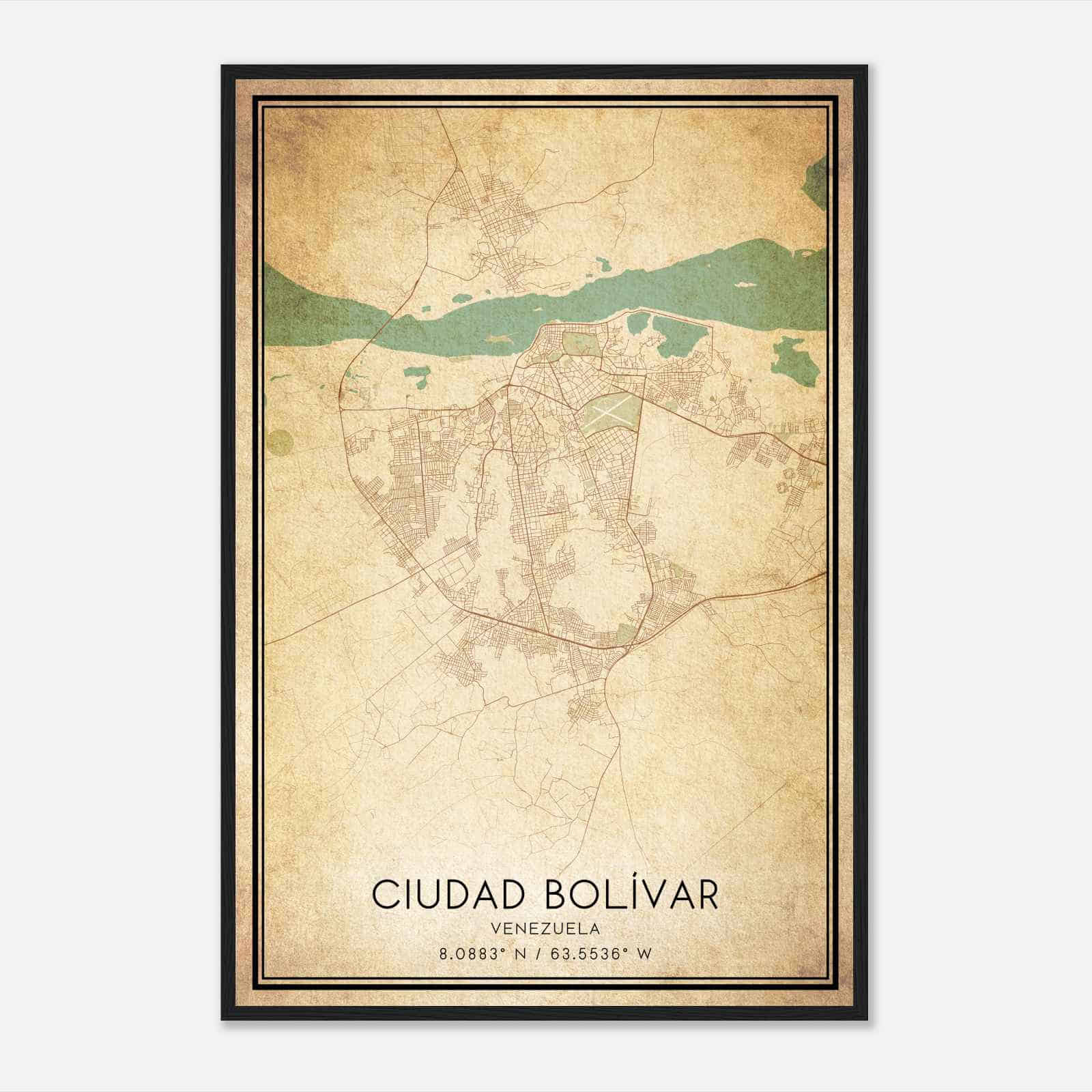 Vintage Ciudad Bolivar Venezuela Map Poster, Ciudad Bolivar City Road Wall Art Print