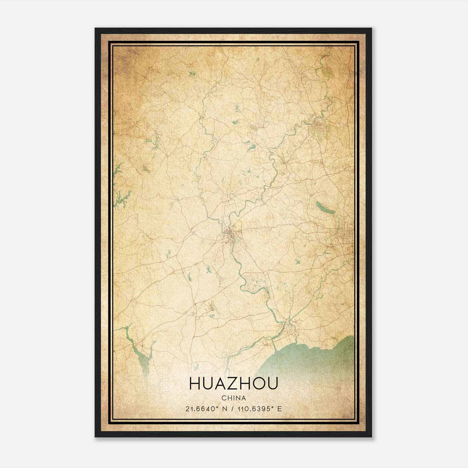 Vintage Huazhou China Map Poster, Huazhou City Road Wall Art Print