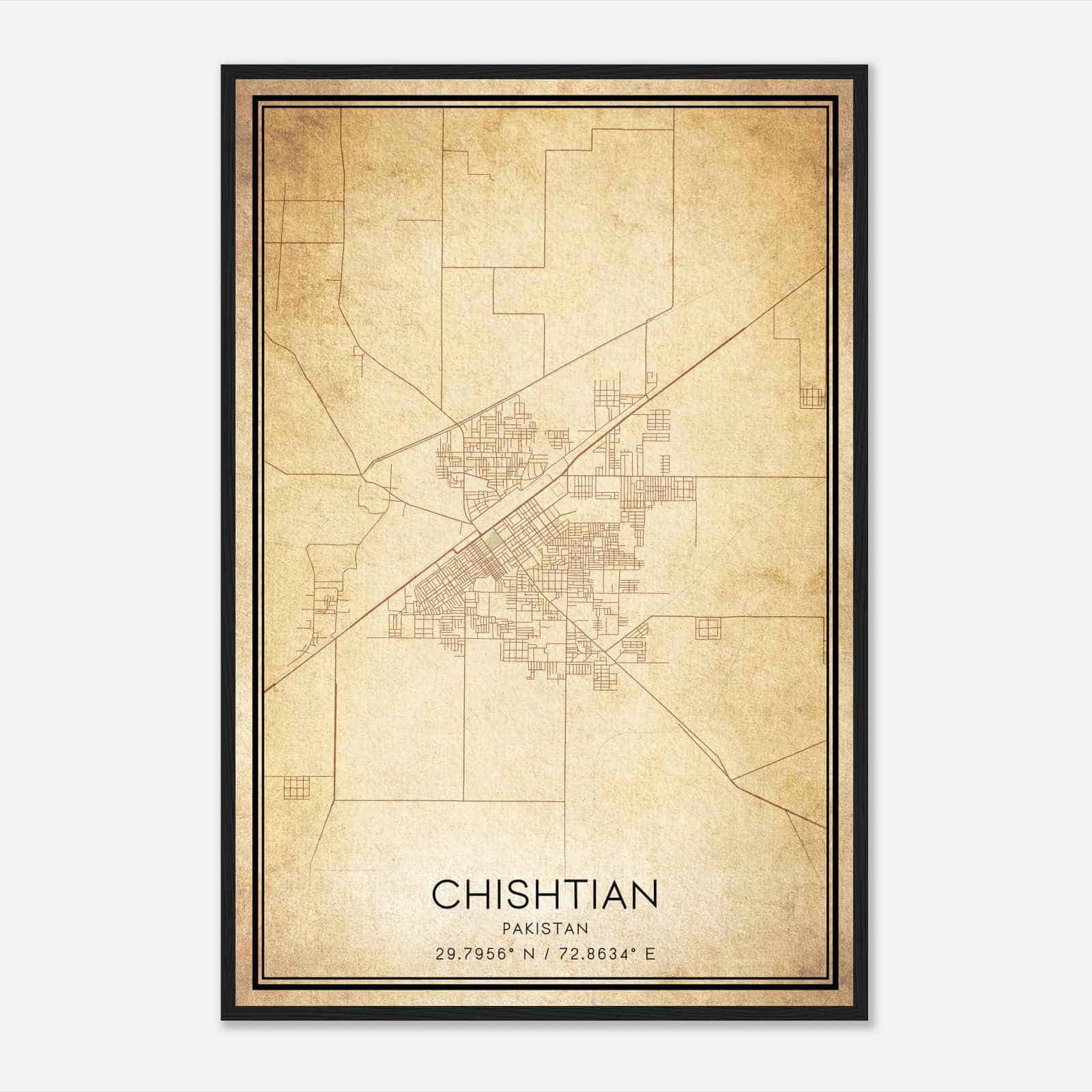 Vintage Chishtian Pakistan Map Poster, Chishtian City Road Wall Art Print