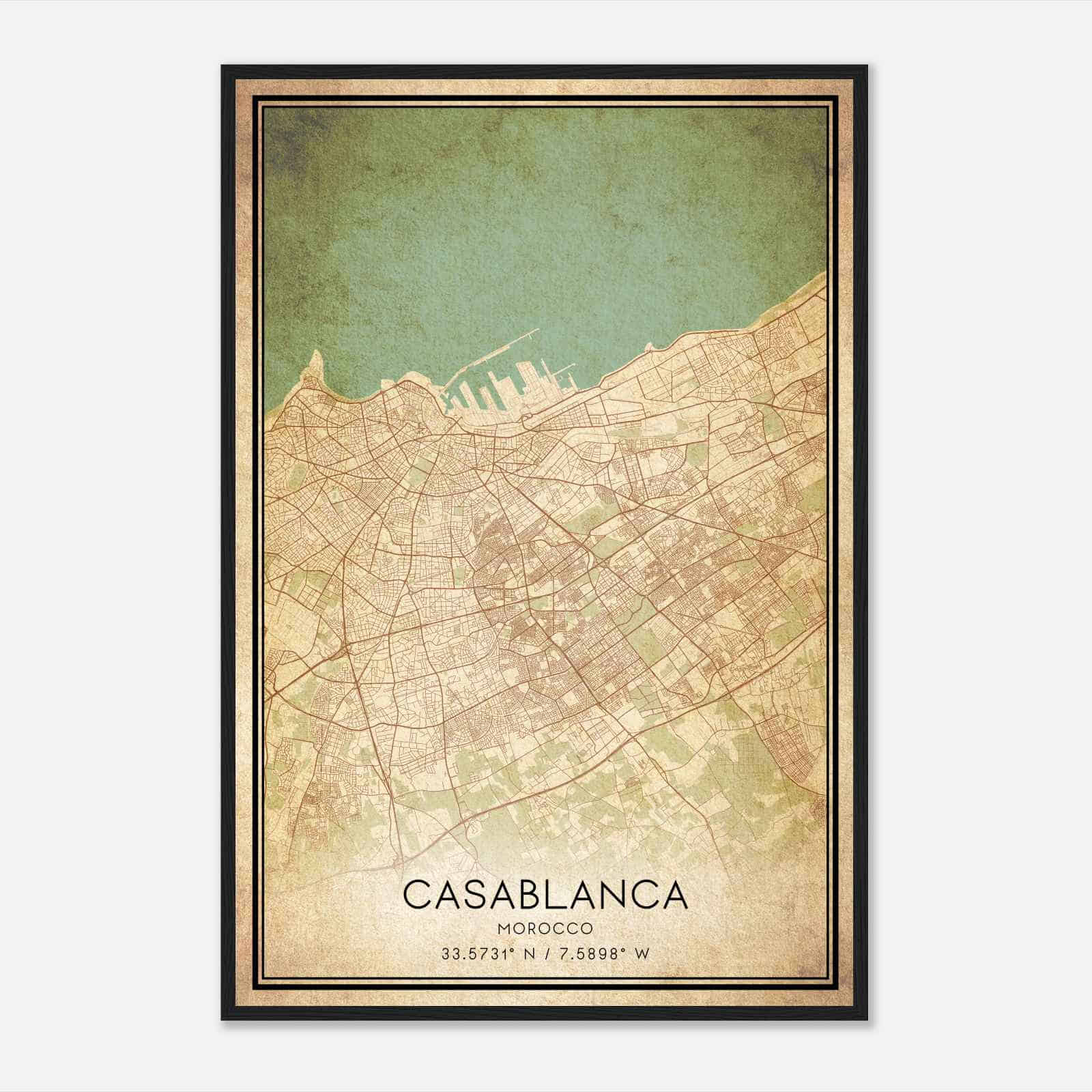Vintage Casablanca Morocco Map Poster, Casablanca City Road Wall Art Print