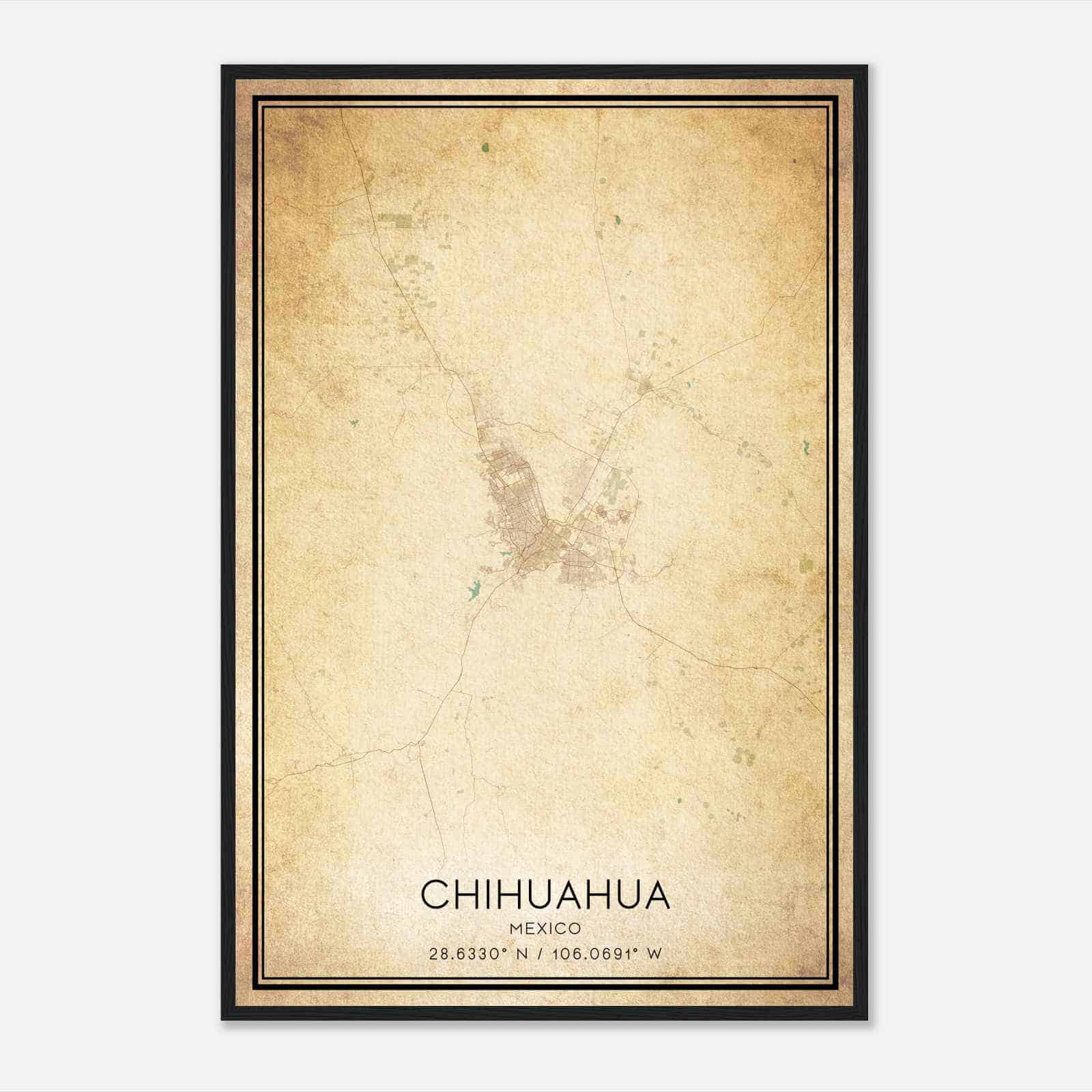 Vintage Chihuahua Mexico Map Poster, Chihuahua City Road Wall Art Print
