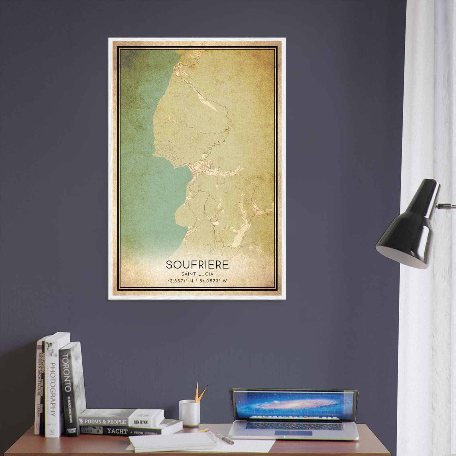 Vintage Soufriere Saint Lucia Map Poster, Soufriere City Road Wall Art Print