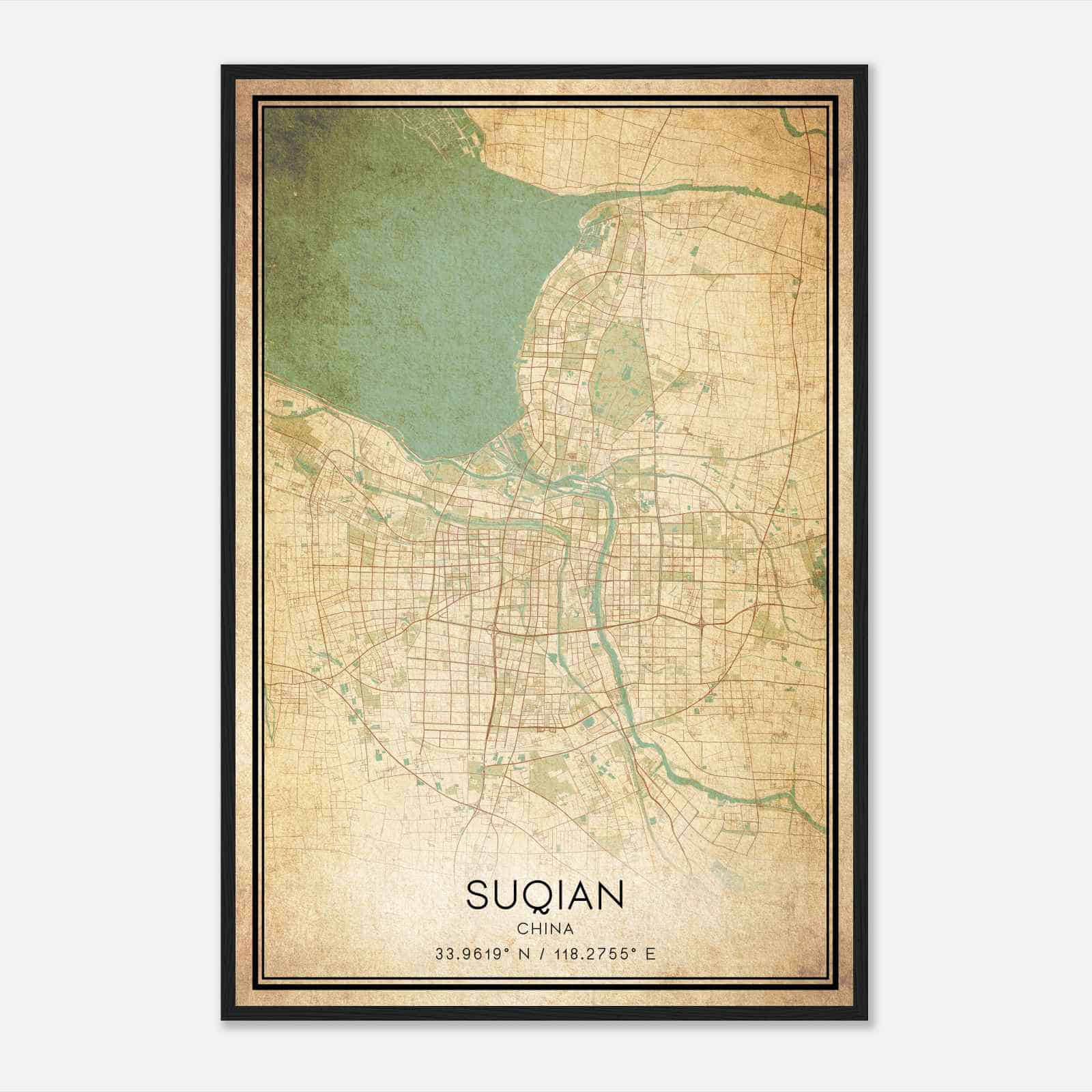 Vintage Suqian China Map Poster, Suqian City Road Wall Art Print