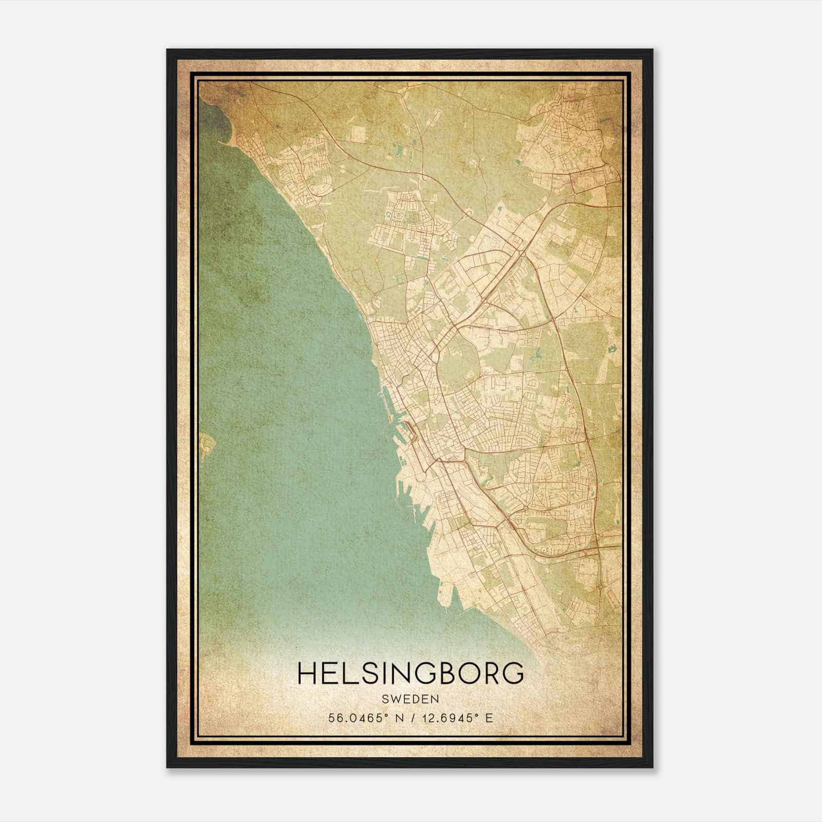 Vintage Helsingborg Sweden Map Poster, Helsingborg City Road Wall Art Print