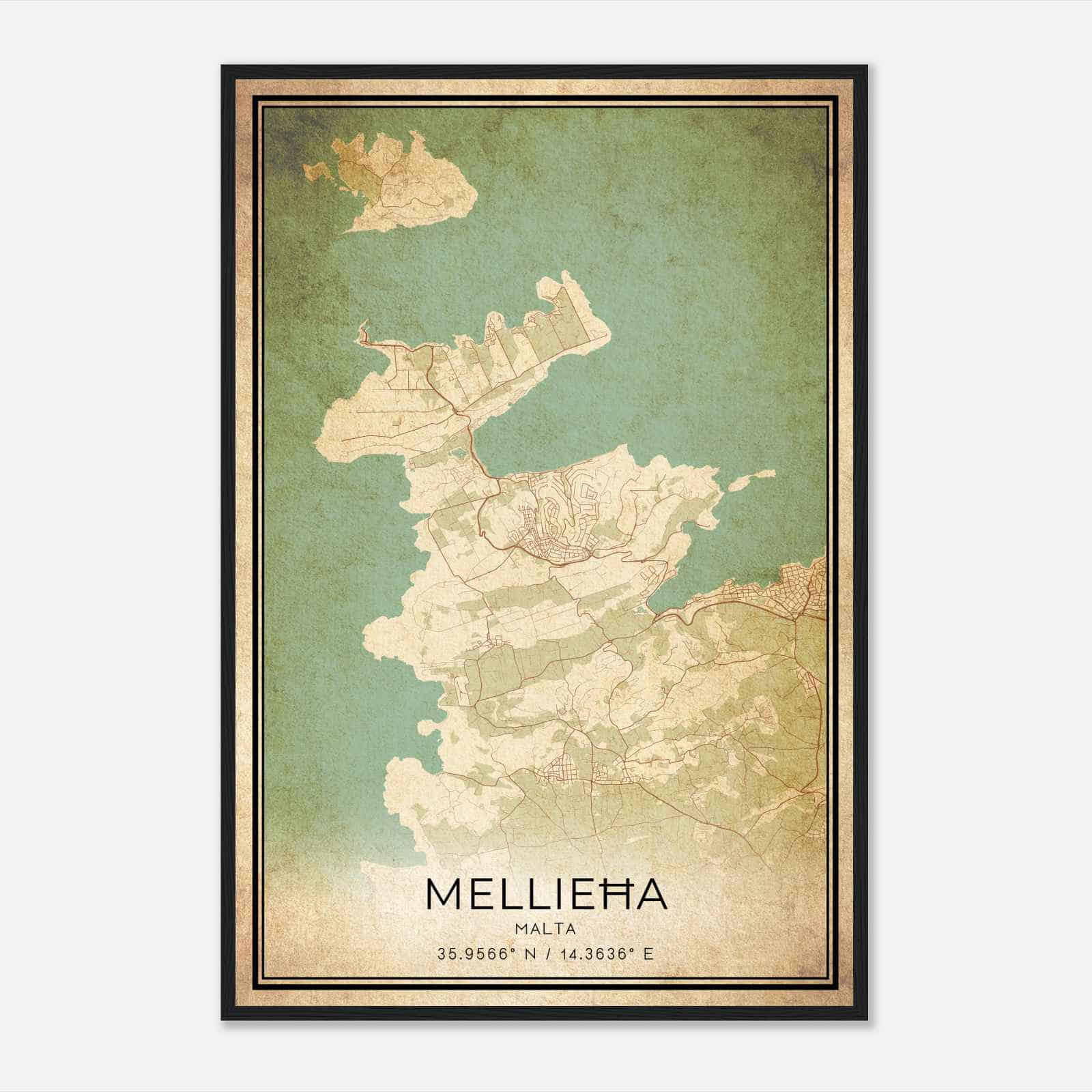 Vintage Mellieha Malta Map Poster, Mellieha City Road Wall Art Print