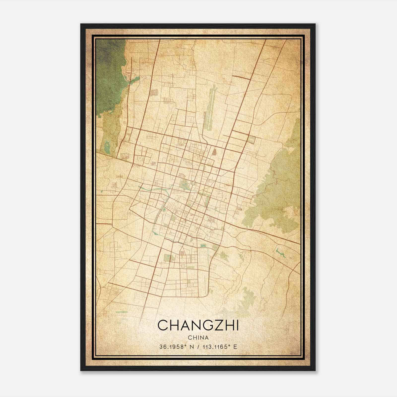 Vintage Changzhi China Map Poster, Changzhi City Road Wall Art Print