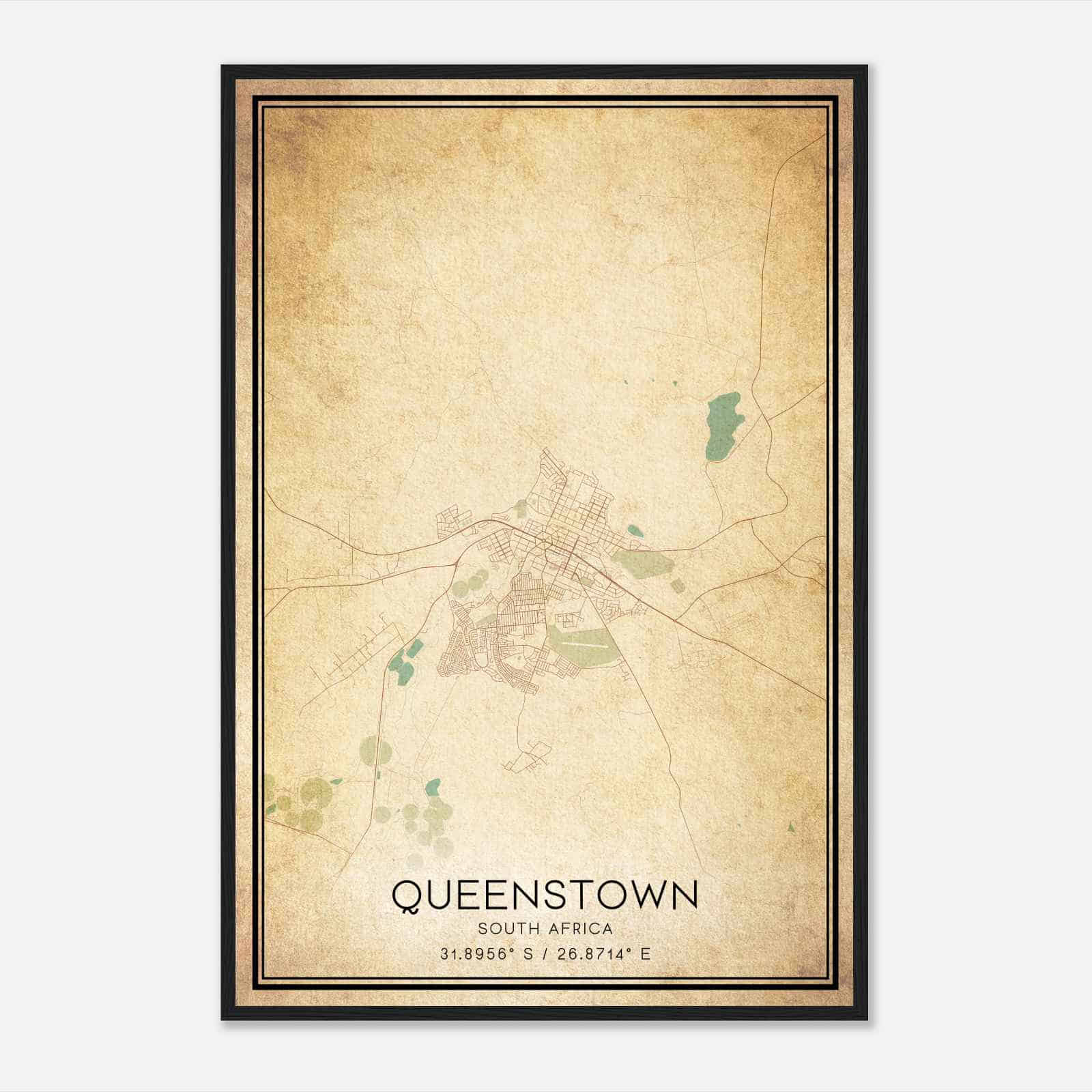 Vintage Queenstown South Africa Map Poster, Queenstown City Road Wall Art Print