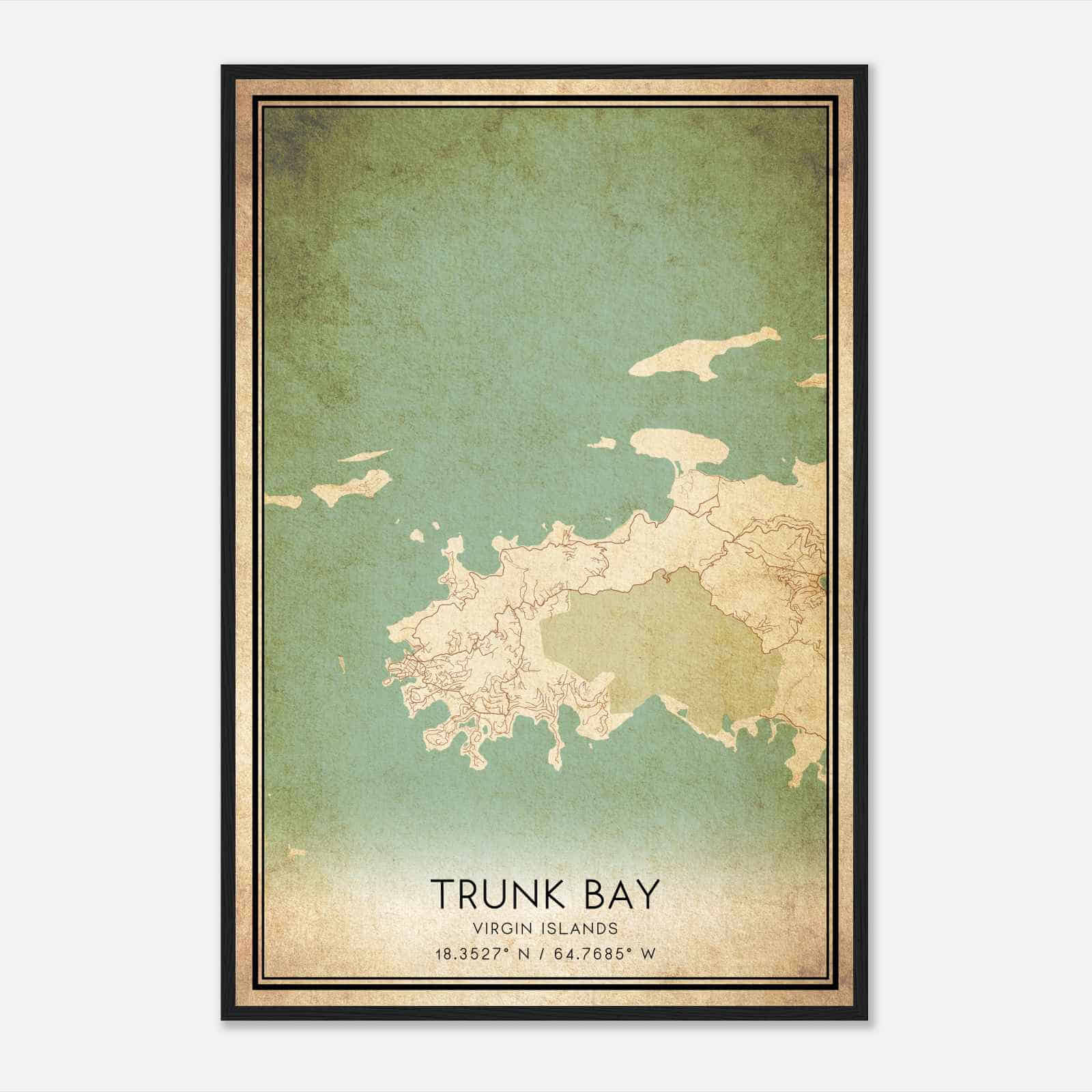 Vintage Trunk Bay Virgin Islands Map Poster, Trunk Bay City Road Wall Art Print