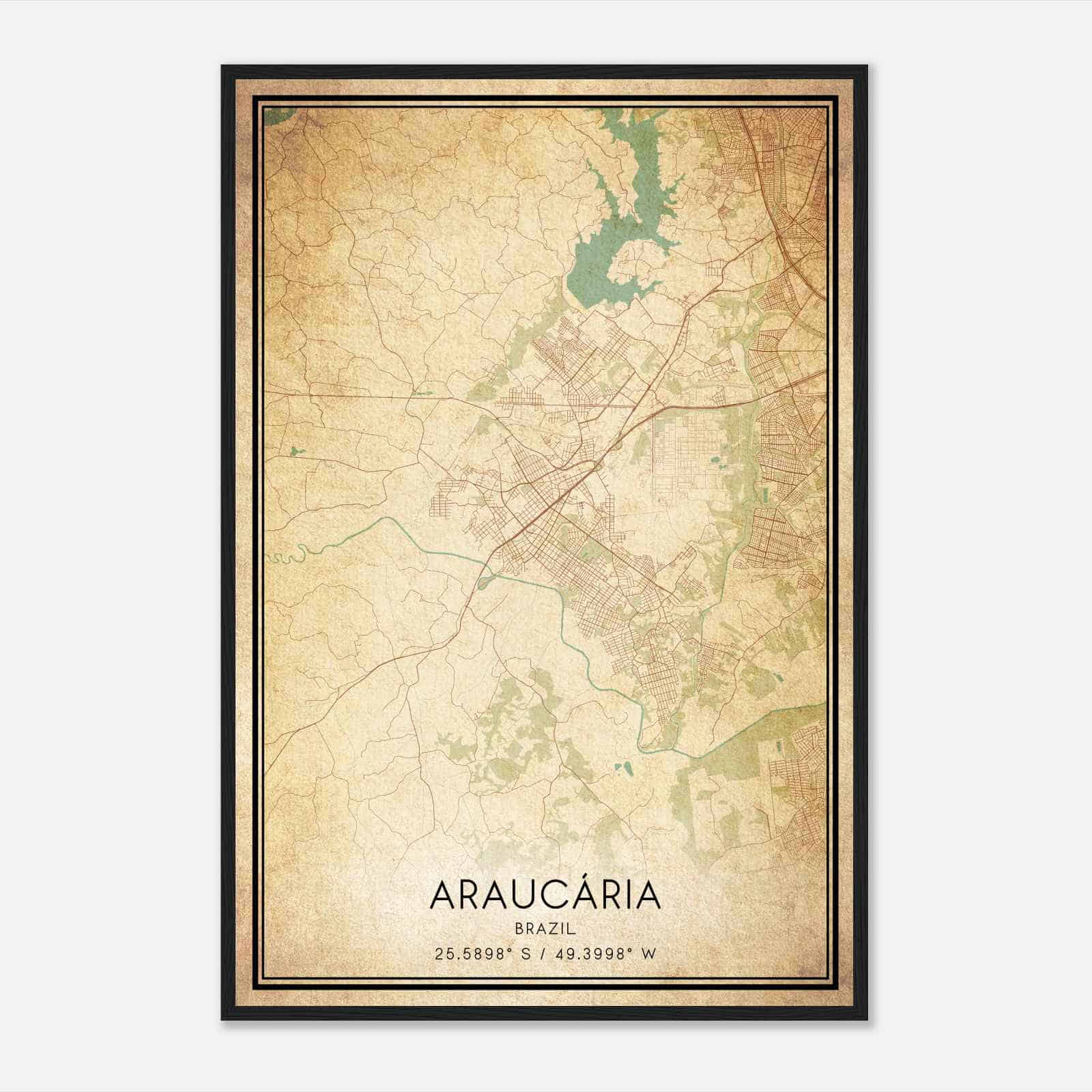 Vintage Araucaria Brazil Map Poster, Araucaria City Road Wall Art Print