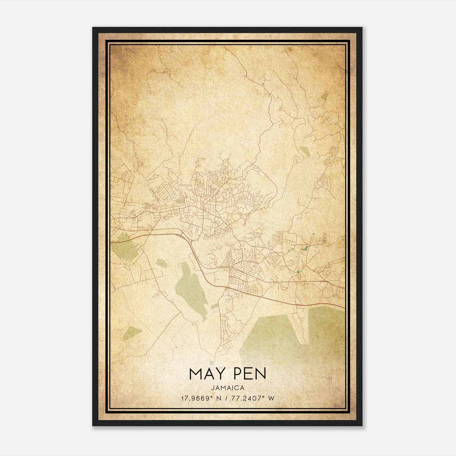 Vintage May Pen Jamaica Map Poster, May Pen City Road Wall Art Print