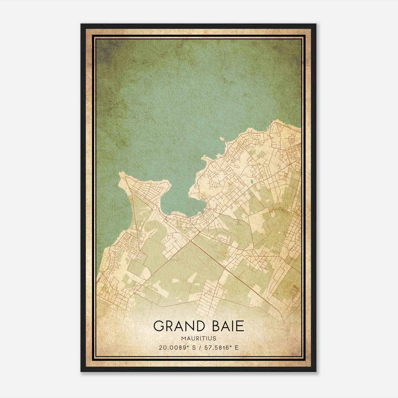 Vintage Grand Baie Mauritius Map Poster, Grand Baie City Road Wall Art Print