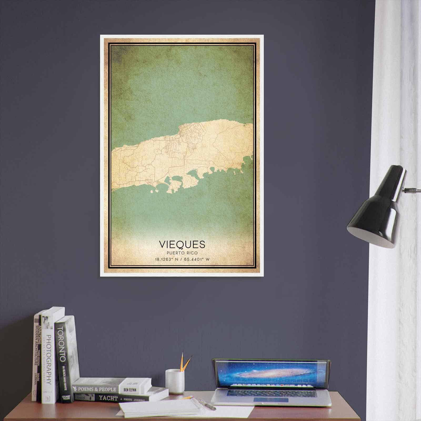 Vintage Vieques Puerto Rico Map Poster, Vieques City Road Wall Art Print