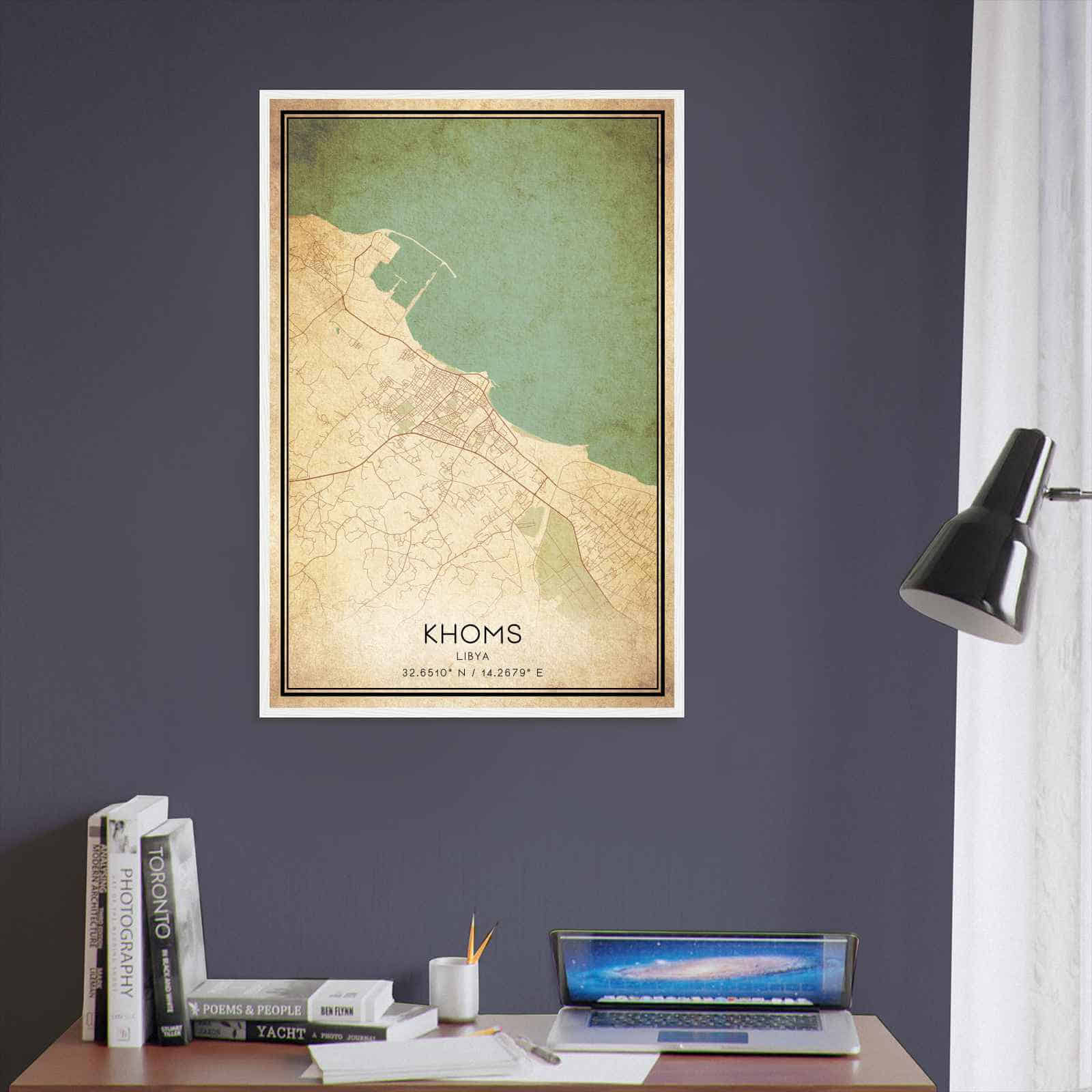 Vintage Khoms Libya Map Poster, Khoms City Road Wall Art Print