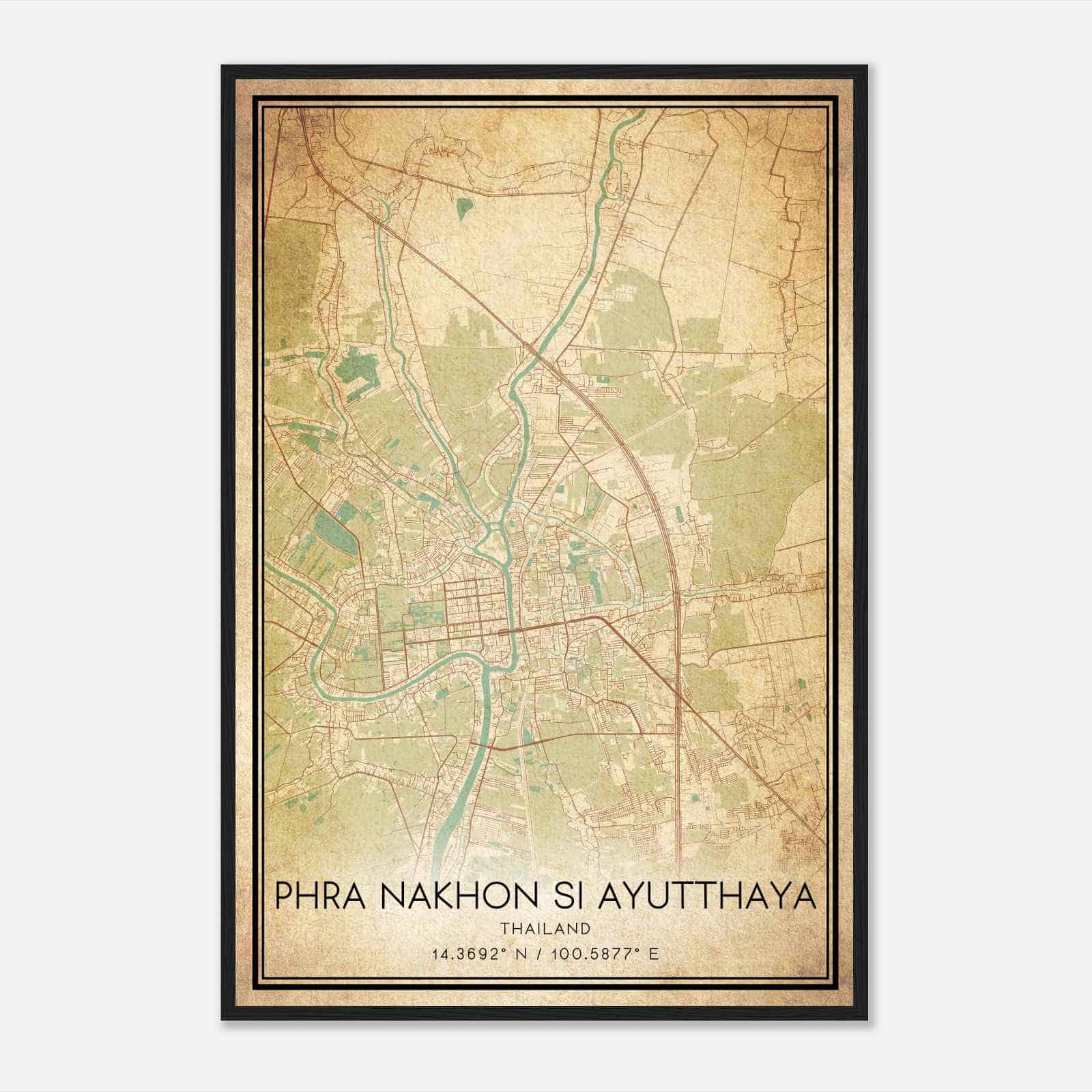 Vintage Phra Nakhon Si Ayutthaya Thailand Map Poster, Phra Nakhon Si Ayutthaya City Road Wall Art Print