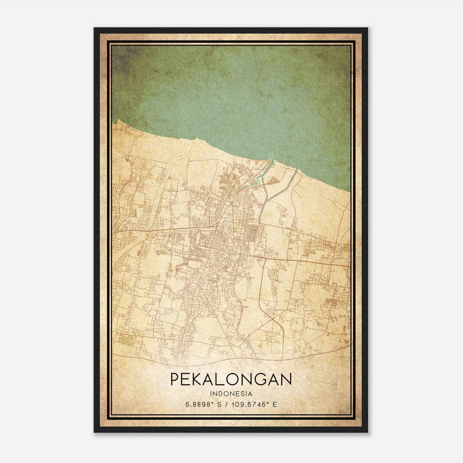 Vintage Pekalongan Indonesia Map Poster, Pekalongan City Road Wall Art Print