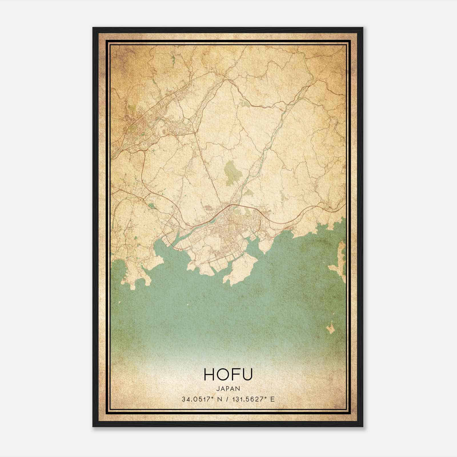 Vintage Hofu Japan Map Poster, Hofu City Road Wall Art Print