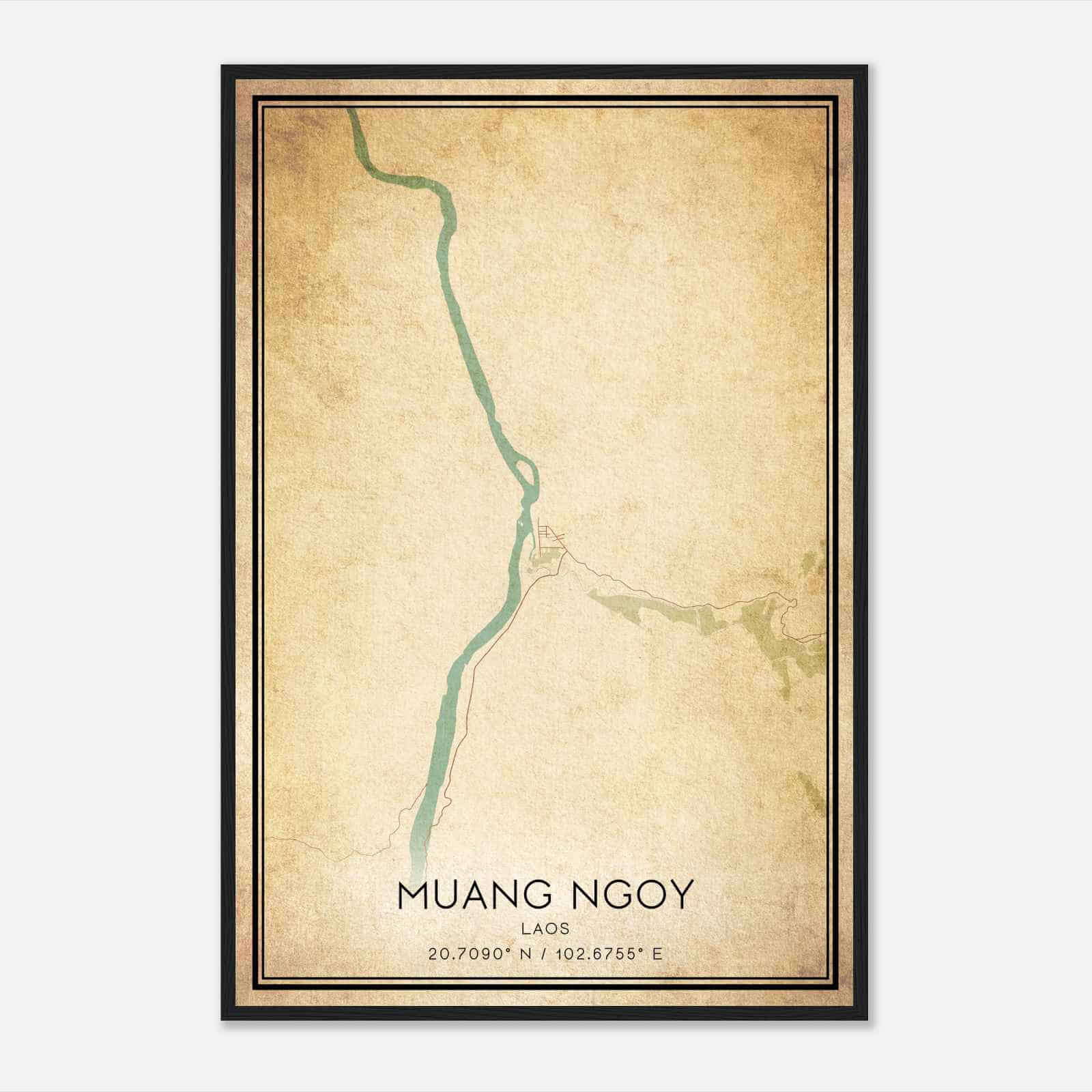 Vintage Muang Ngoy Laos Map Poster, Muang Ngoy City Road Wall Art Print