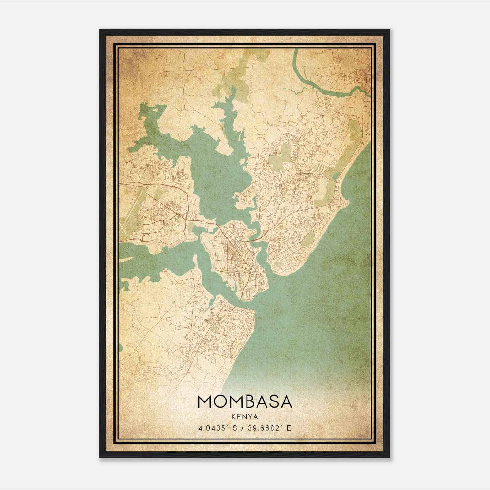 Vintage Mombasa Kenya Map Poster, Mombasa City Road Wall Art Print