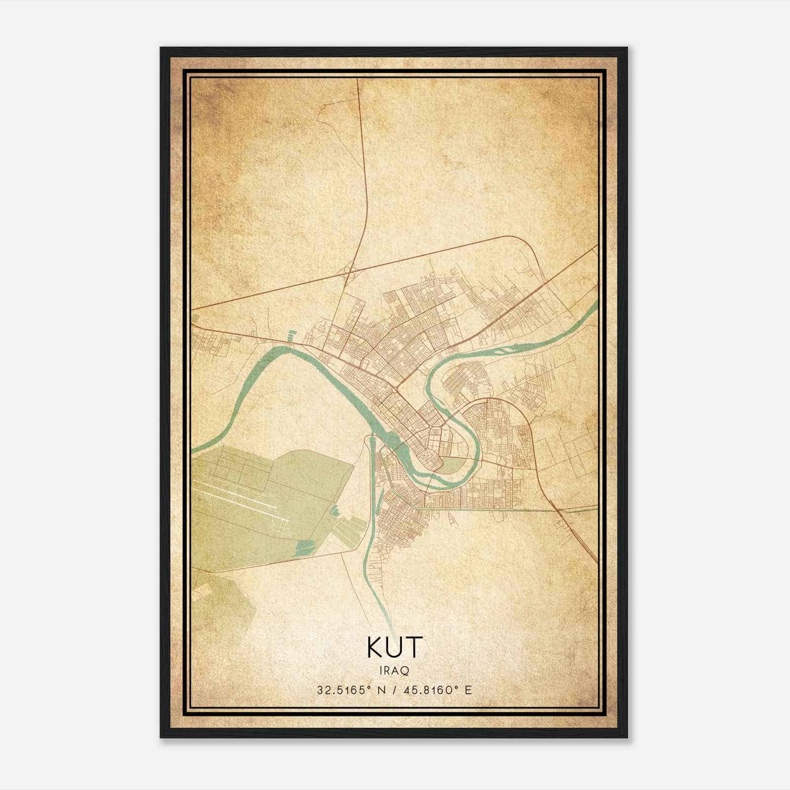Vintage Kut Iraq Map Poster, Kut City Road Wall Art Print