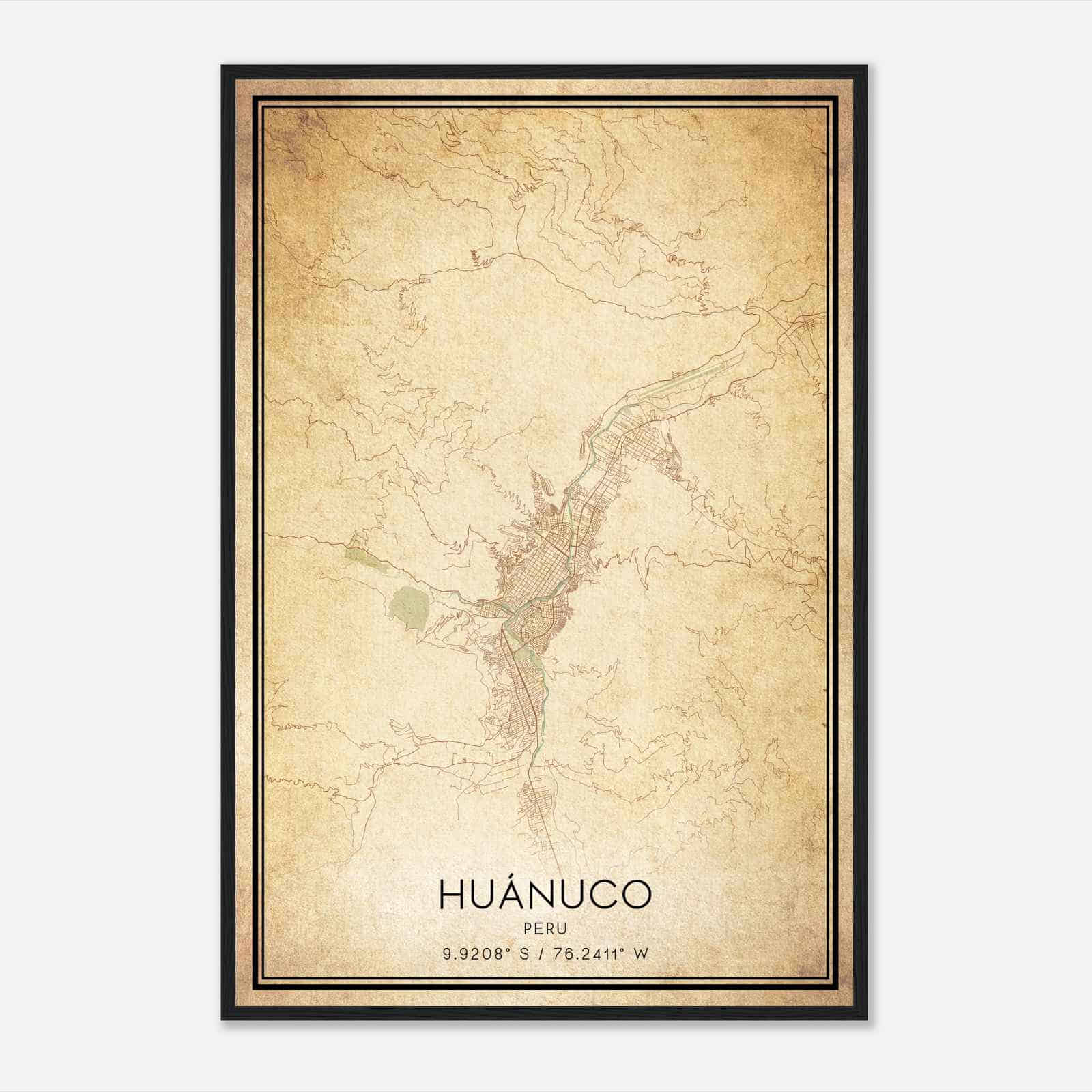 Vintage Huanuco Peru Map Poster, Huanuco City Road Wall Art Print