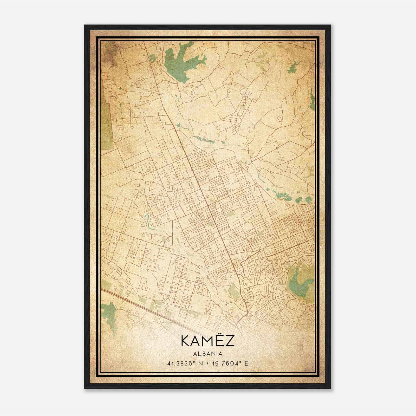 Vintage Kamez Albania Map Poster, Kamez City Road Wall Art Print
