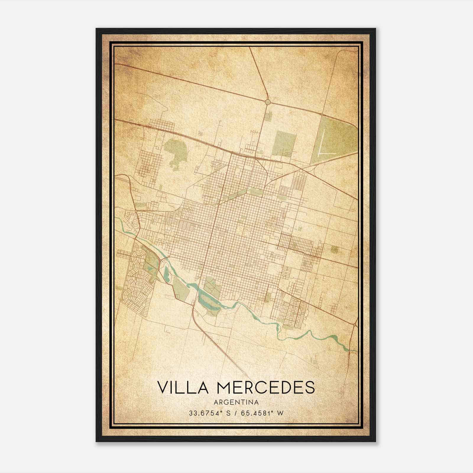 Vintage Villa Mercedes Argentina Map Poster, Villa Mercedes City Road Wall Art Print