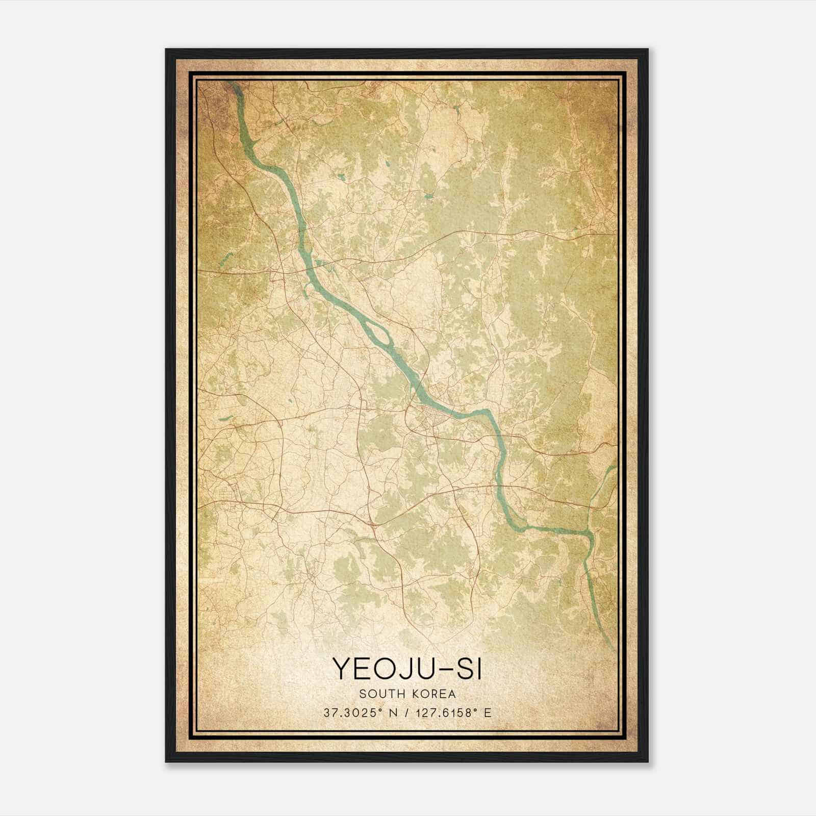 Vintage Yeojusi South Korea Map Poster, Yeojusi City Road Wall Art Print