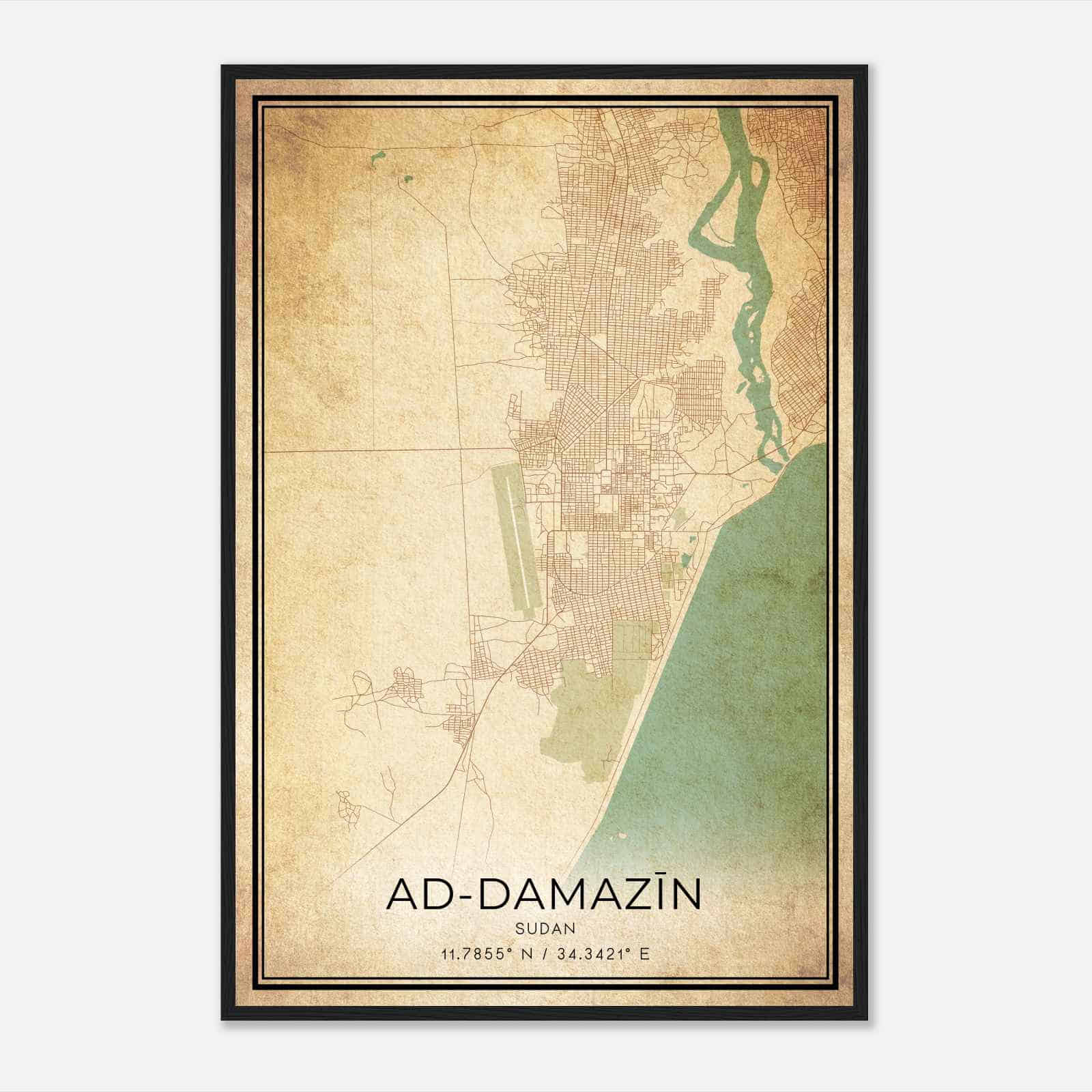 Vintage AdDamazin Sudan Map Poster, AdDamazin City Road Wall Art Print