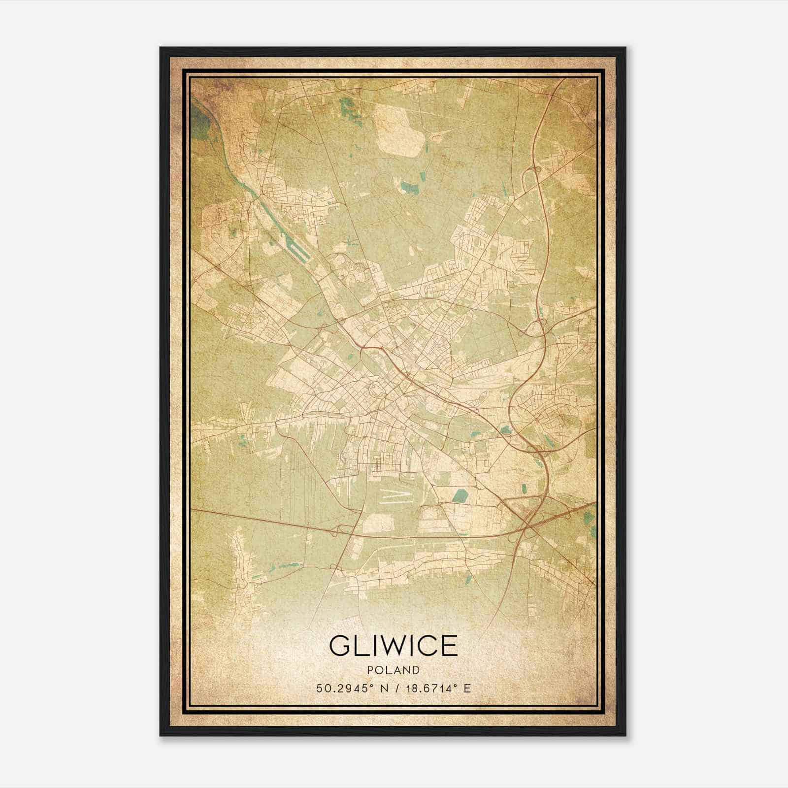 Vintage Gliwice Poland Map Poster, Gliwice City Road Wall Art Print
