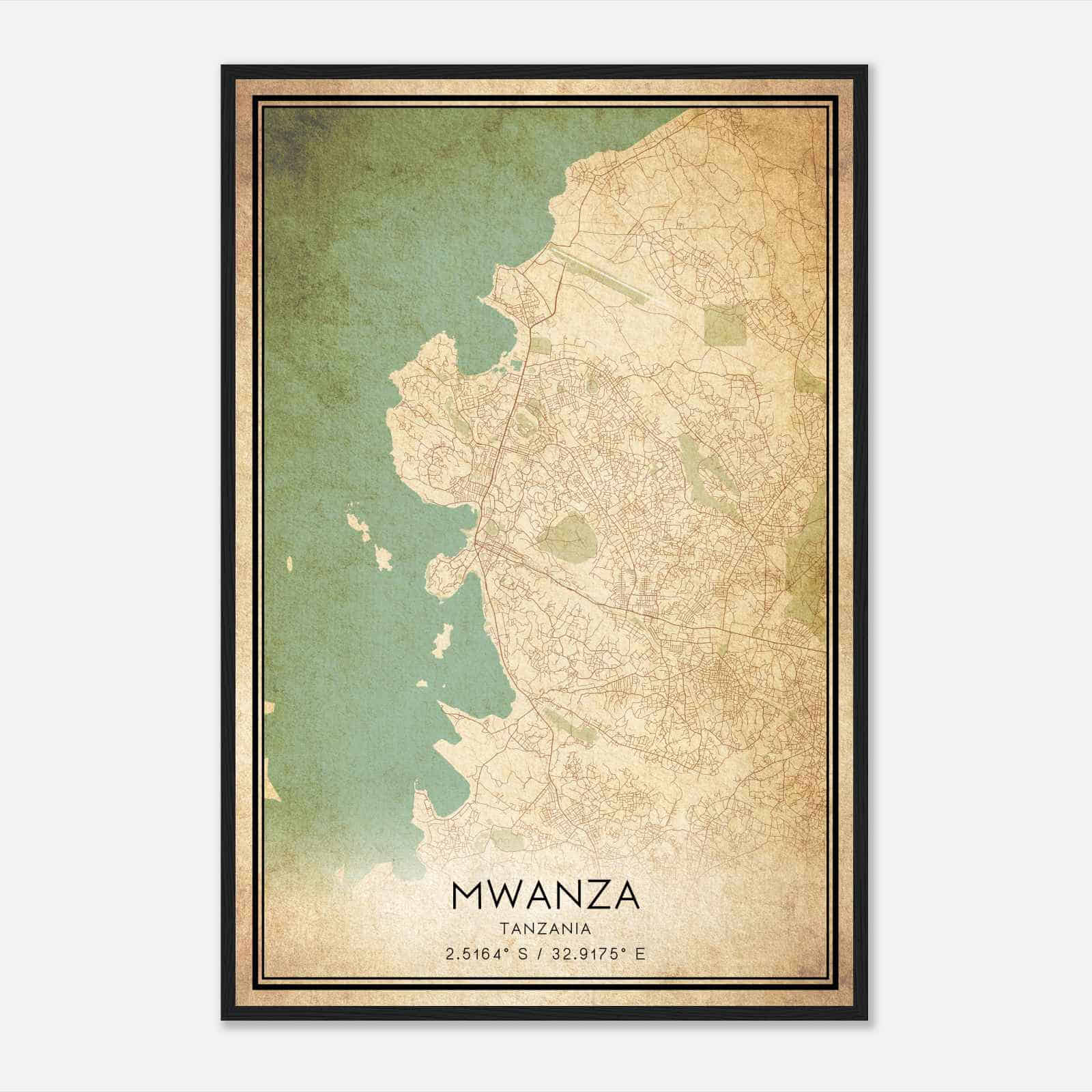 Vintage Mwanza Tanzania Map Poster, Mwanza City Road Wall Art Print