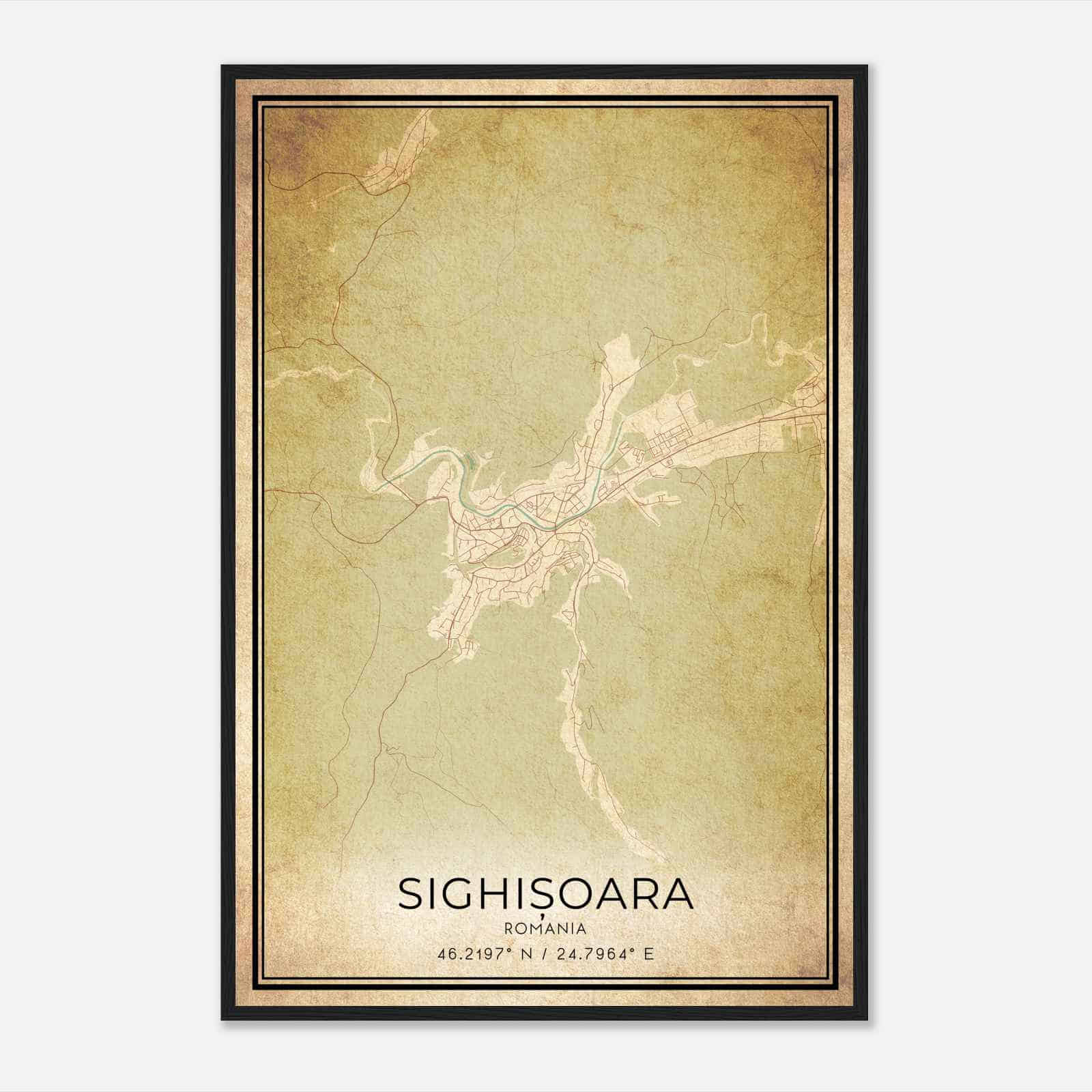 Vintage Sighisoara Romania Map Poster, Sighisoara City Road Wall Art Print