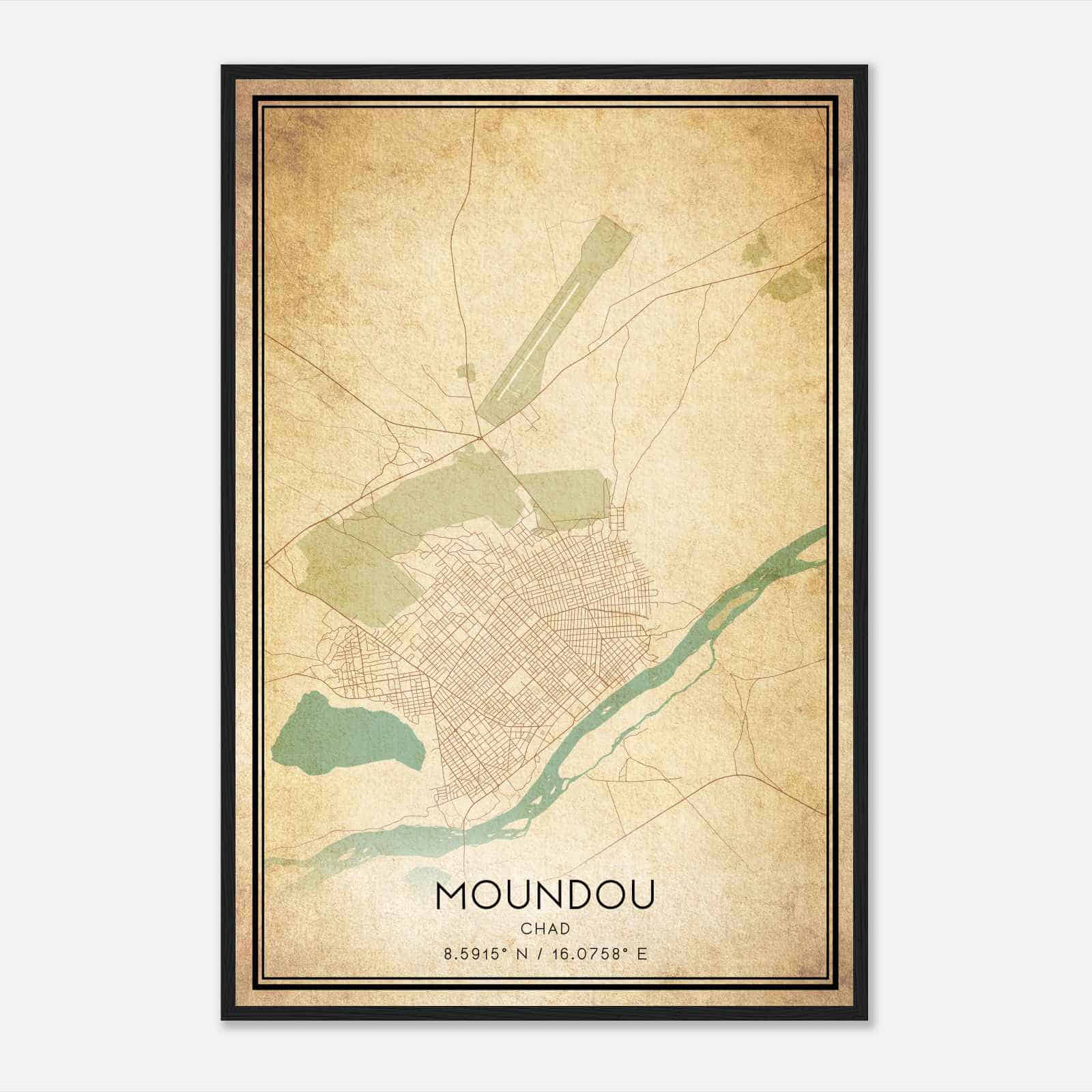 Vintage Moundou Chad Map Poster, Moundou City Road Wall Art Print