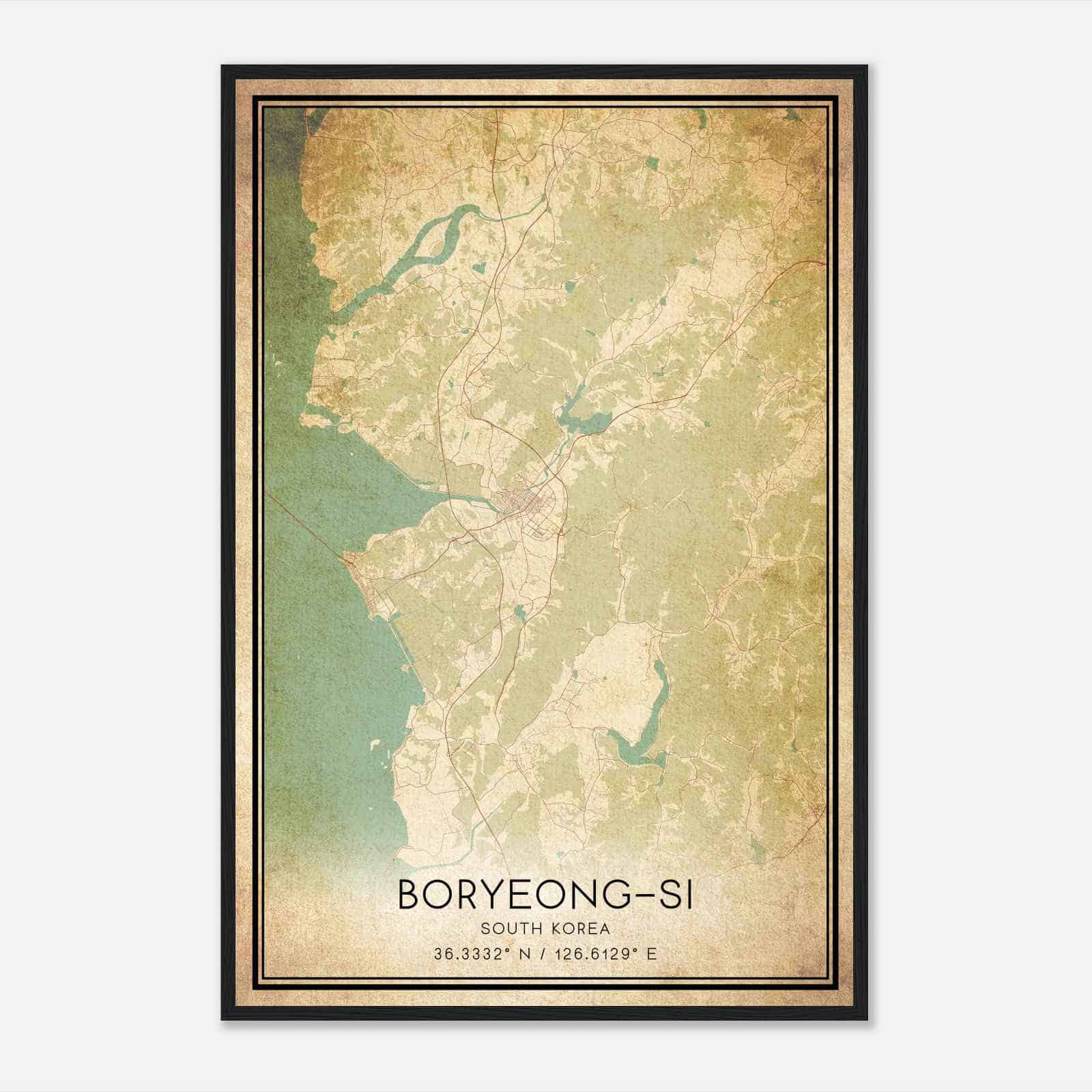 Vintage Boryeongsi South Korea Map Poster, Boryeongsi City Road Wall Art Print