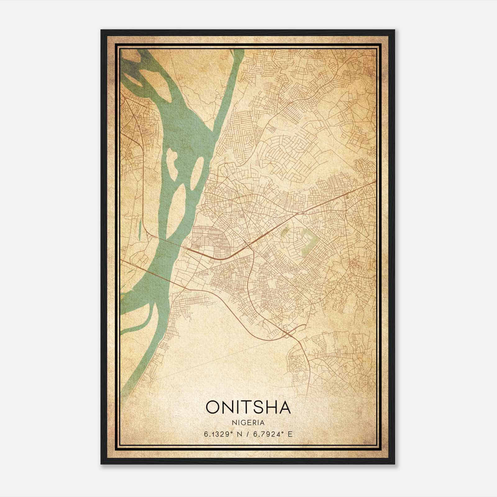 Vintage Onitsha Nigeria Map Poster, Onitsha City Road Wall Art Print