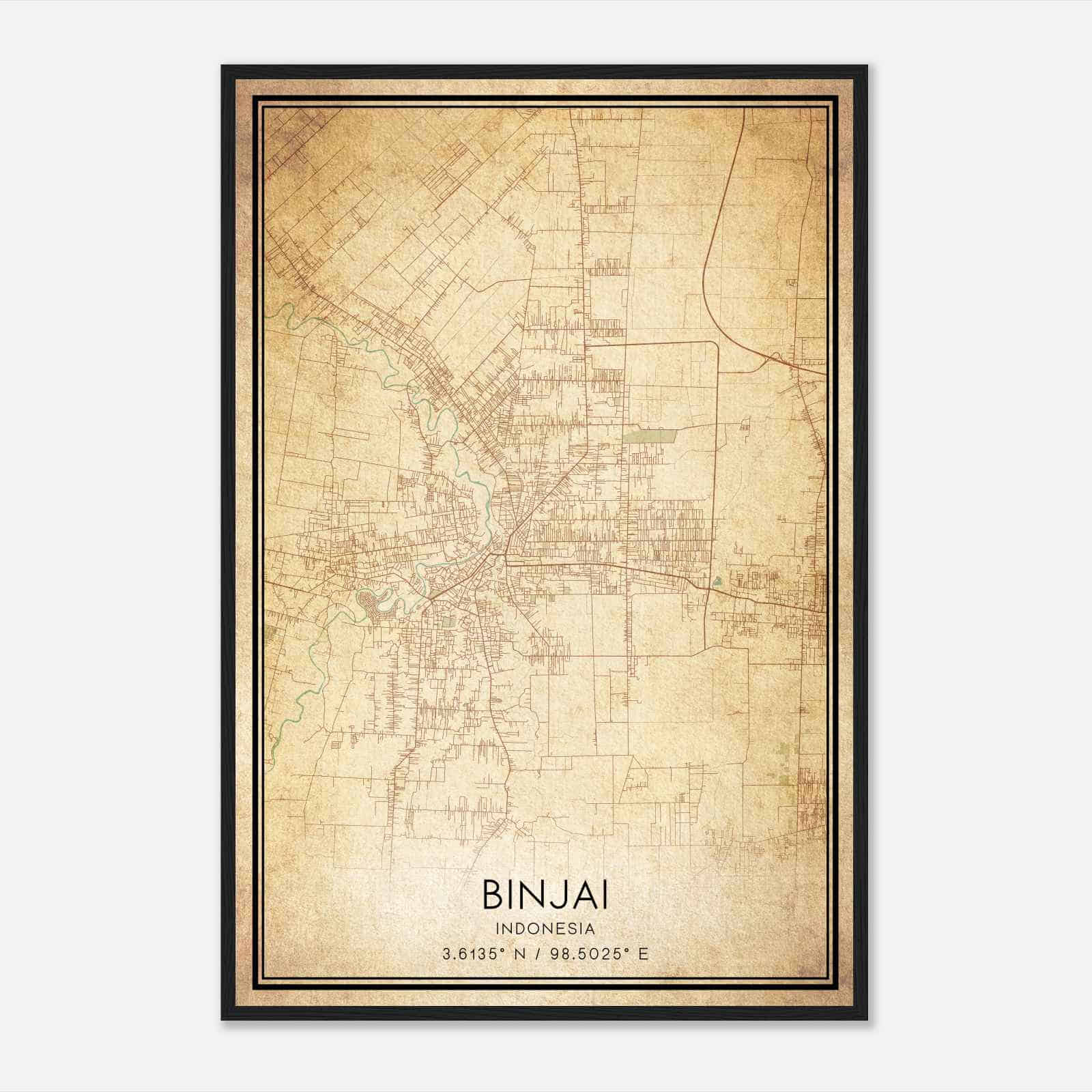 Vintage Binjai Indonesia Map Poster, Binjai City Road Wall Art Print