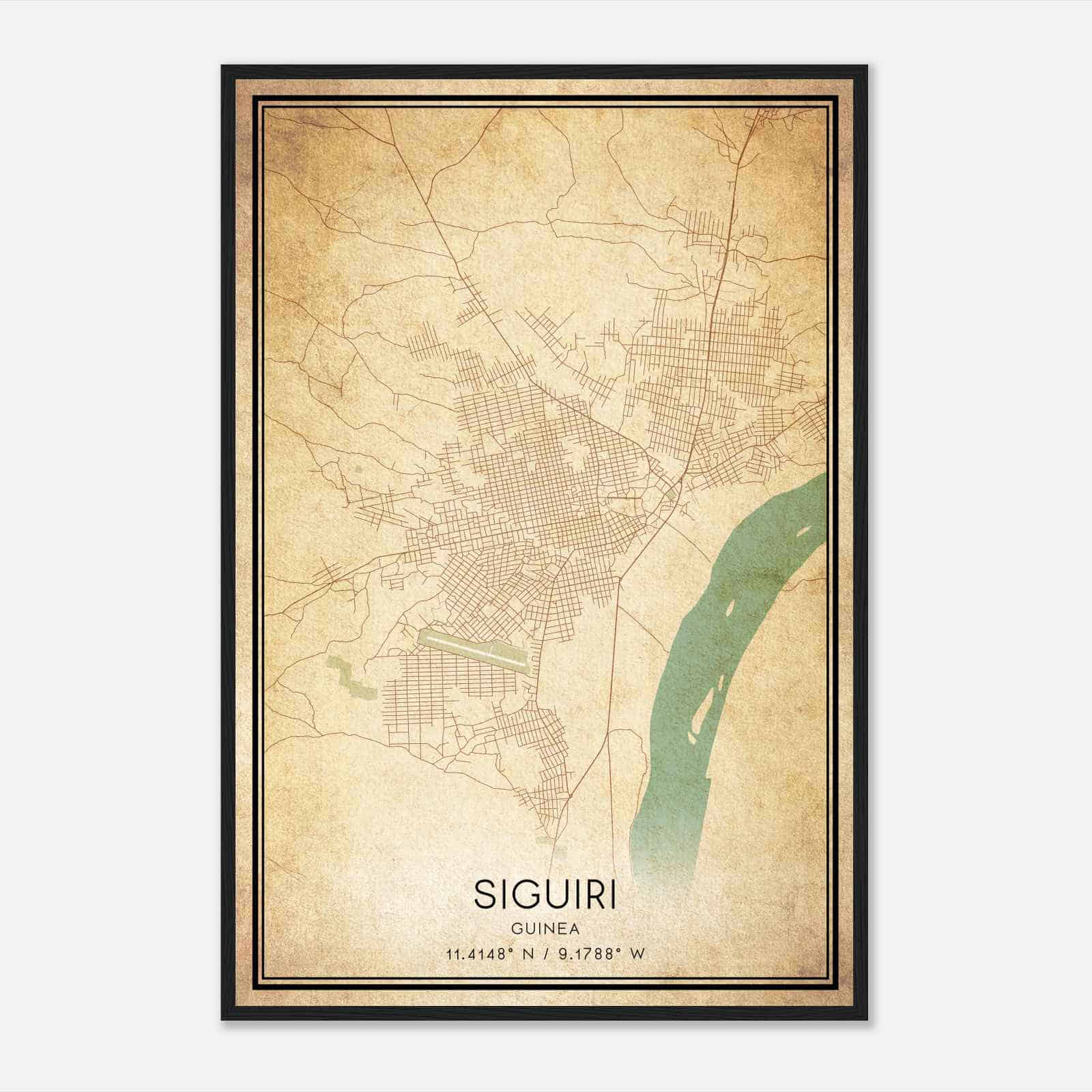 Vintage Siguiri Guinea Map Poster, Siguiri City Road Wall Art Print