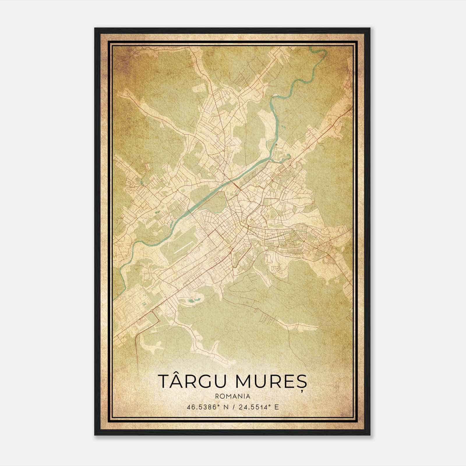 Vintage Targu Mures Romania Map Poster, Targu Mures City Road Wall Art Print