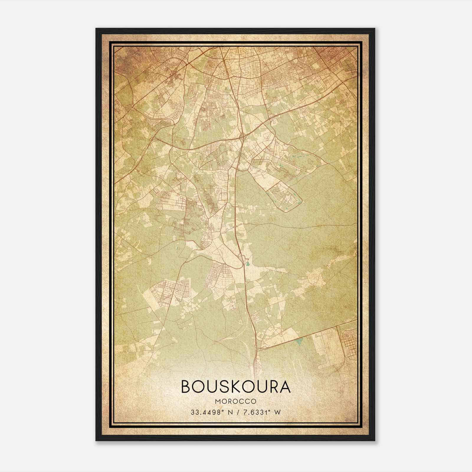 Vintage Bouskoura Morocco Map Poster, Bouskoura City Road Wall Art Print