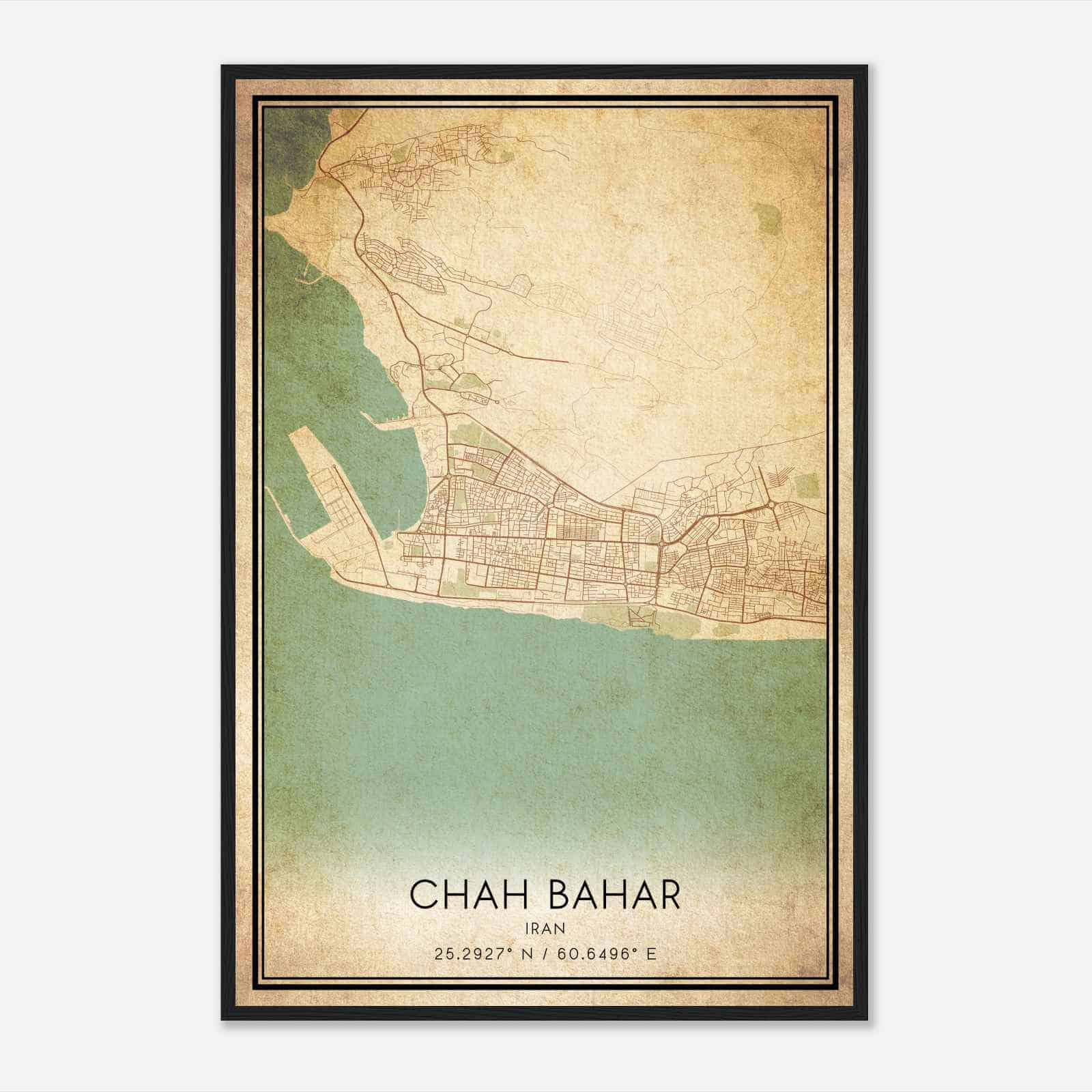 Vintage Chah Bahar Iran Map Poster, Chah Bahar City Road Wall Art Print
