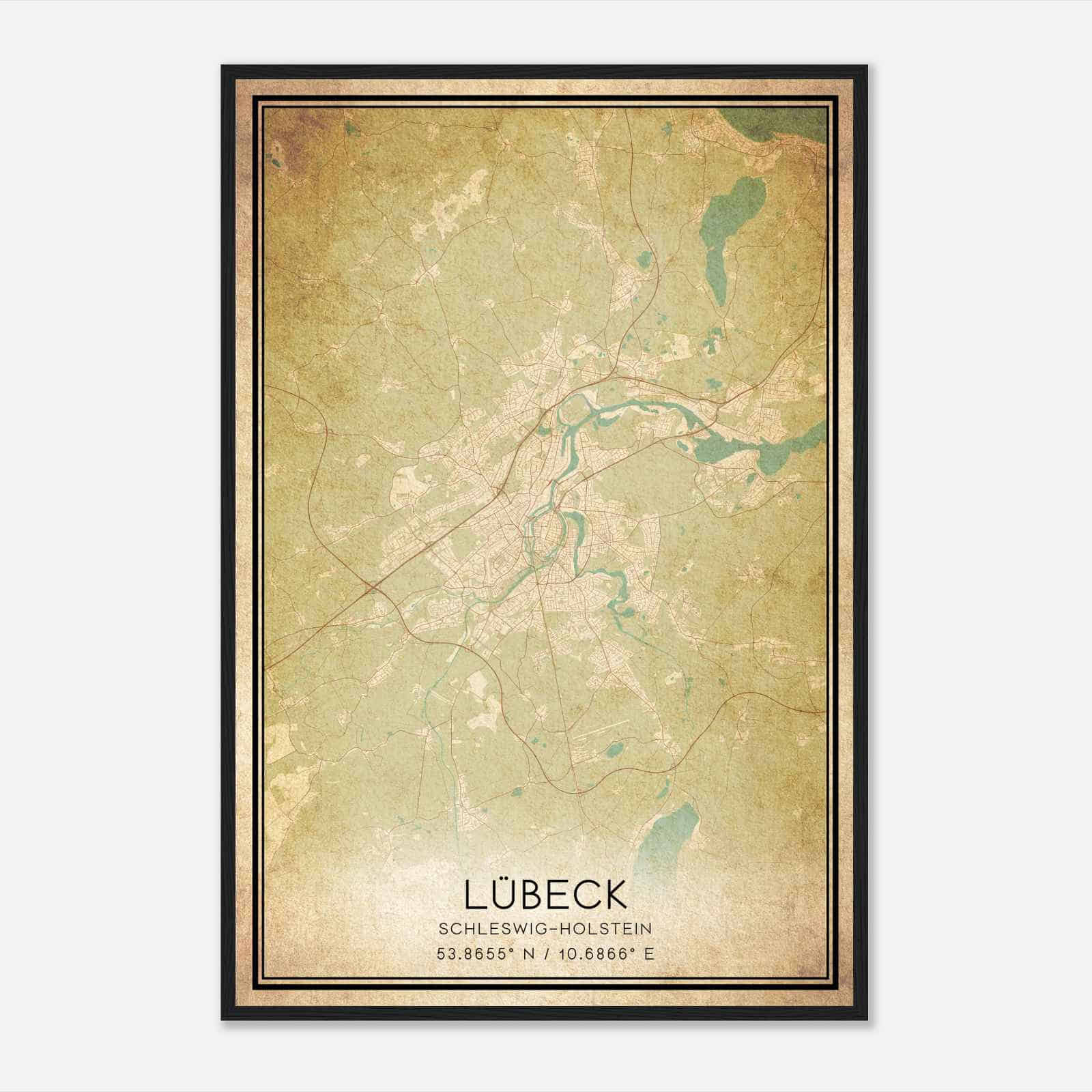 Vintage Lubeck Schleswig-Holstein Map Poster, Lubeck City Road Wall Art Print