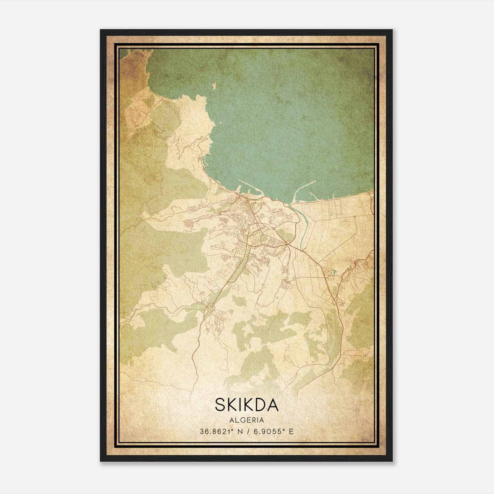 Vintage Skikda Algeria Map Poster, Skikda City Road Wall Art Print